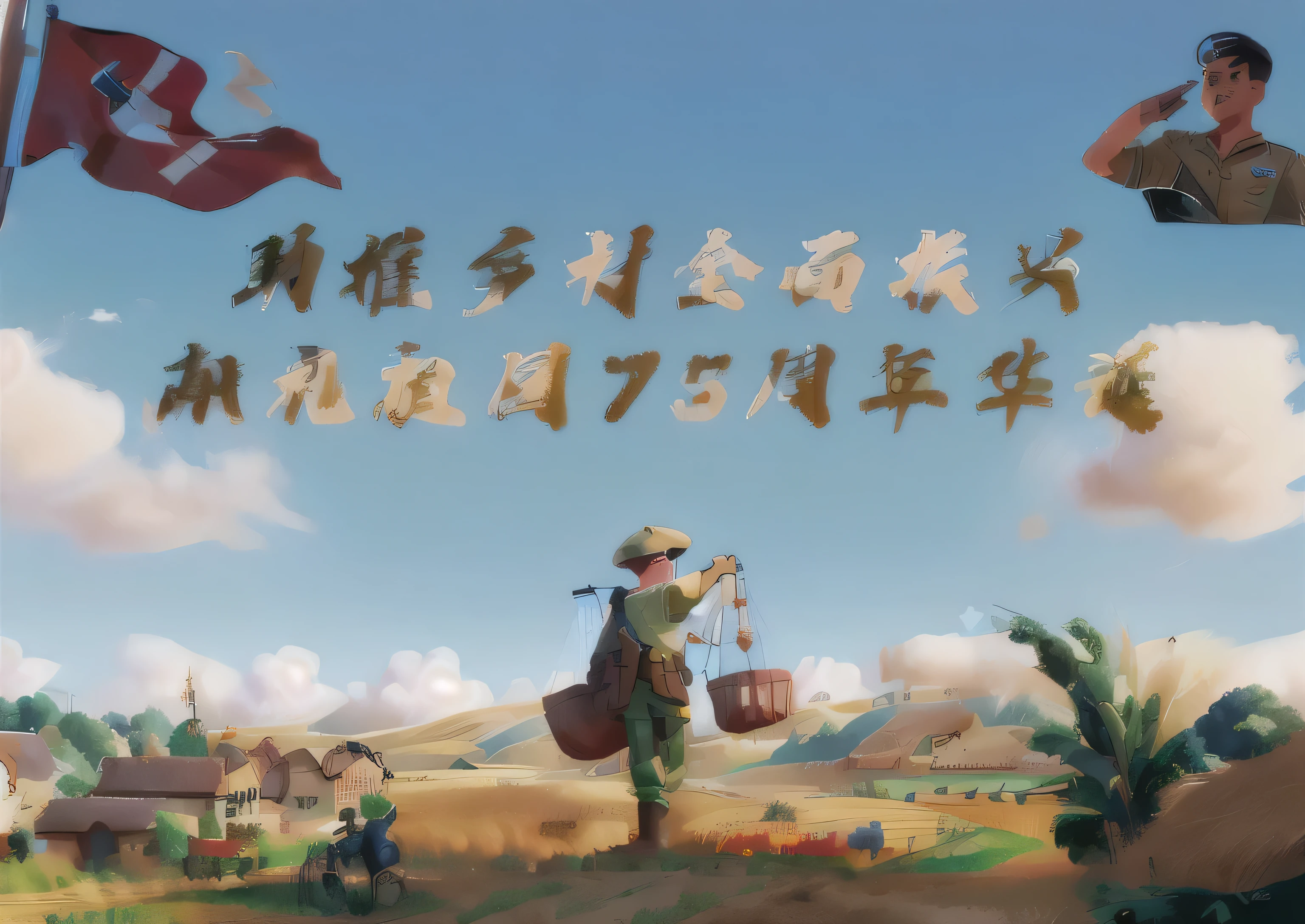 A comic book poster,There is sky,There is a flag in the upper left corner,There is a soldier saluting in the upper right corner,There are rural fields below,Farmers working hard in the fields,The picture is rich in detail
