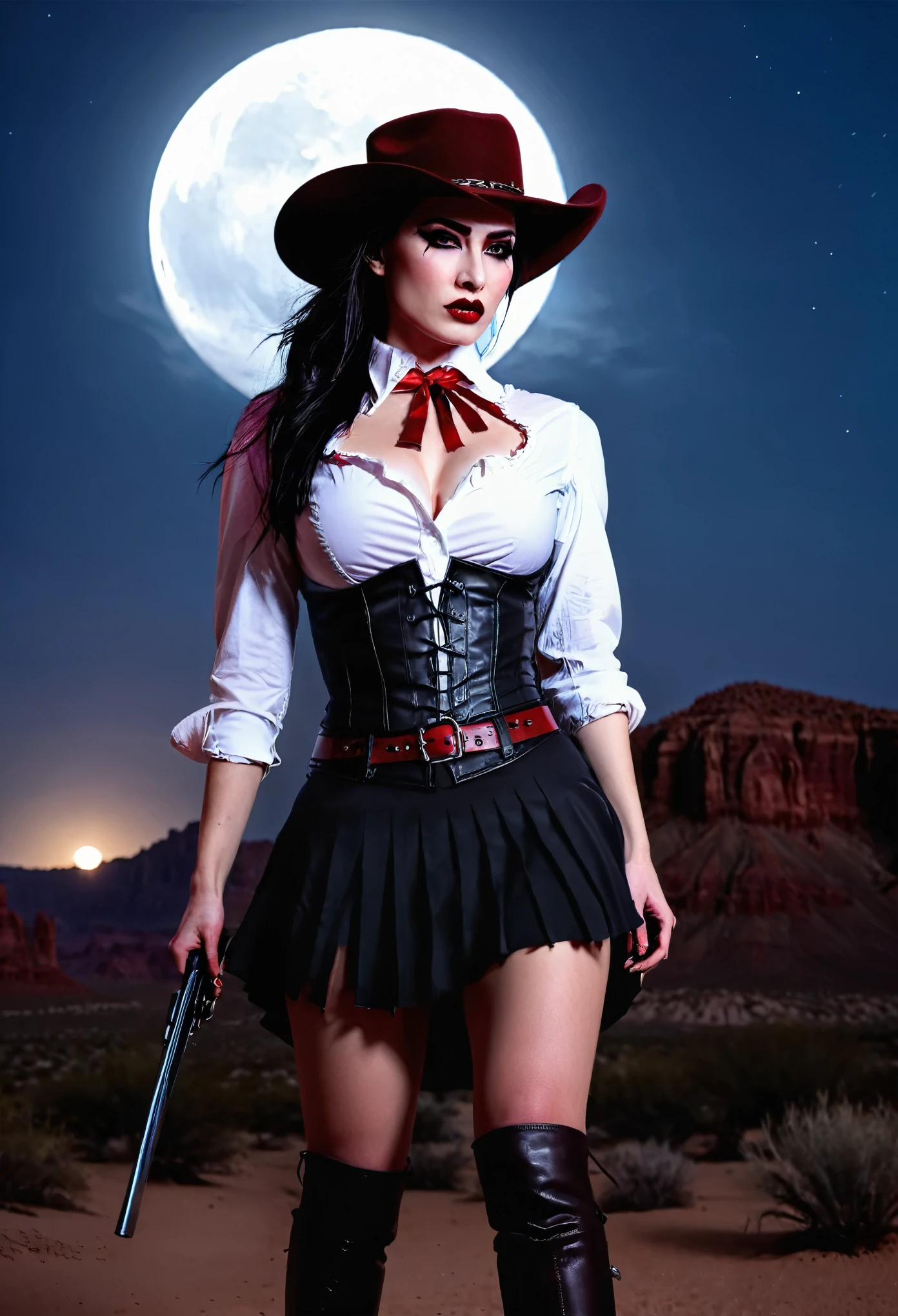 (19th century photograph style: 1.5) picture of a female vampire cowboy in the desert night, a goth beauty, exquisite beautiful female vampire, ((anatomically correct: 1.5), (ultra detailed face: 1.2), best detailed face, red glowing eyes, full body, busty, wearing white bottom shirt, short skirt, dynamic color. wearing (cowboy hat: 1.2), wearing high heeled boots, it is night time in the desert, moon light. moon rays, west America desert canyon background, Hyperrealism style, vibrant, Ultra-high resolution, High Contrast, (masterpiece:1.5), highest quality, Best aesthetics), best details, best quality, highres, ultra wide angle, 16k, [ultra detailed], masterpiece, best quality, (extremely detailed) RAW, chumbasket art style, rpg portrait photograph, BloodSoakedAI, halsman