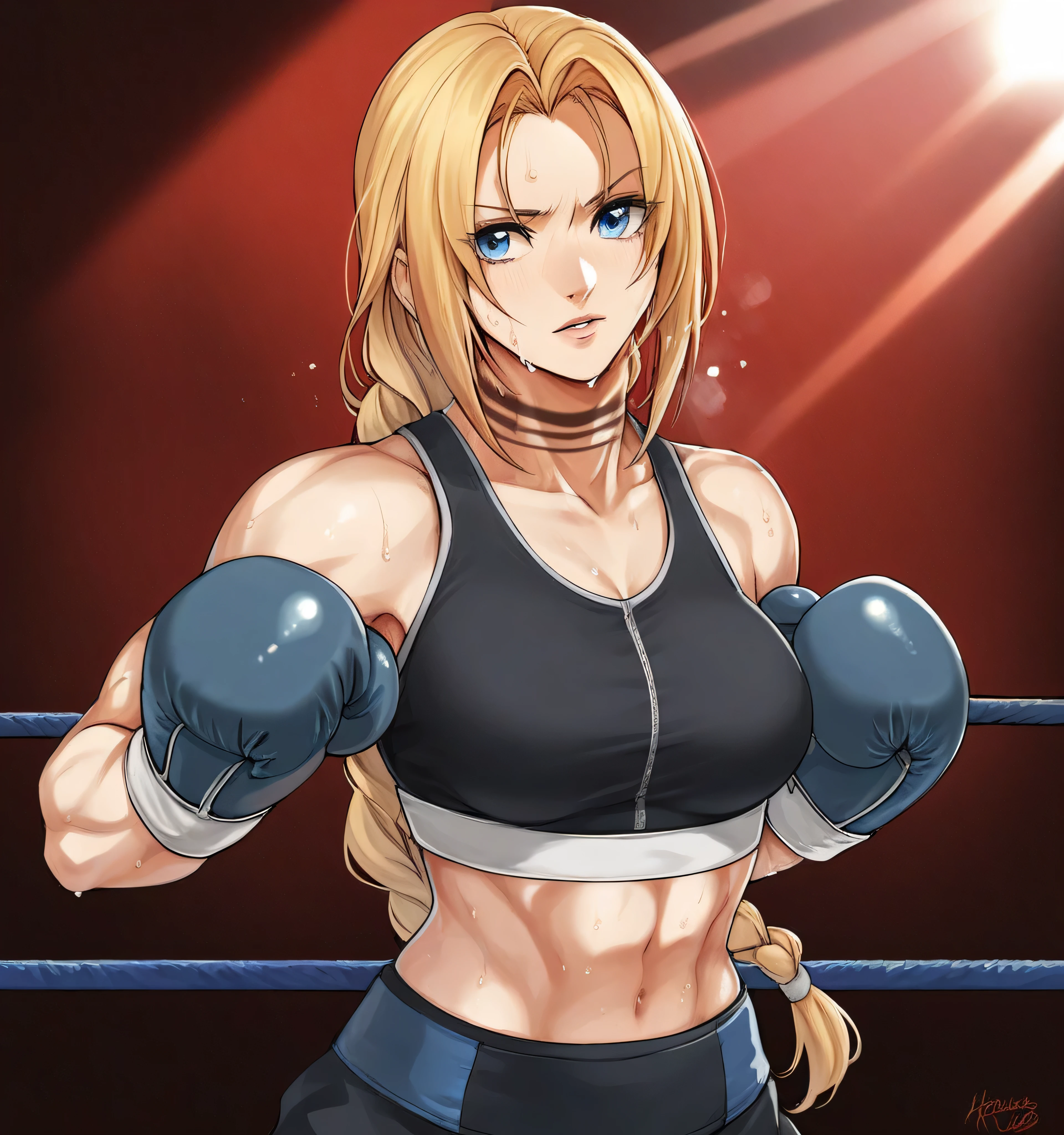 score_9, score_8_up, score_7_up, score_6_up, Detailed Background, BREAK
 koasmirage, 1girl, long hair, sports bra, klausian neck markings, sweating,blonde hair, blue eyes, single braid,BREAK
boxing ring, boxing gloves, mma,