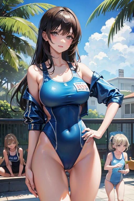 A mother with large breasts wearing a metallic blue competitive swimsuit and her daughter of elementary school age wearing a school swimsuit、Troubled face,Long Hair, smile, Anatomically correct, High resolution, 、Poolside