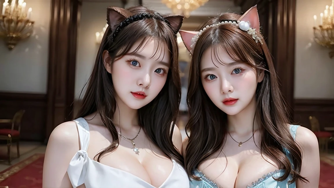 (2 girls)Close-up photo of a beautiful Korean woman, Bust size 34 inches, Dressed in Baroque clothing, necklace, standing in the pearl room, UHD ((Busty breasts))blue eyes(((big breasts:1.0)))cat ears skirt