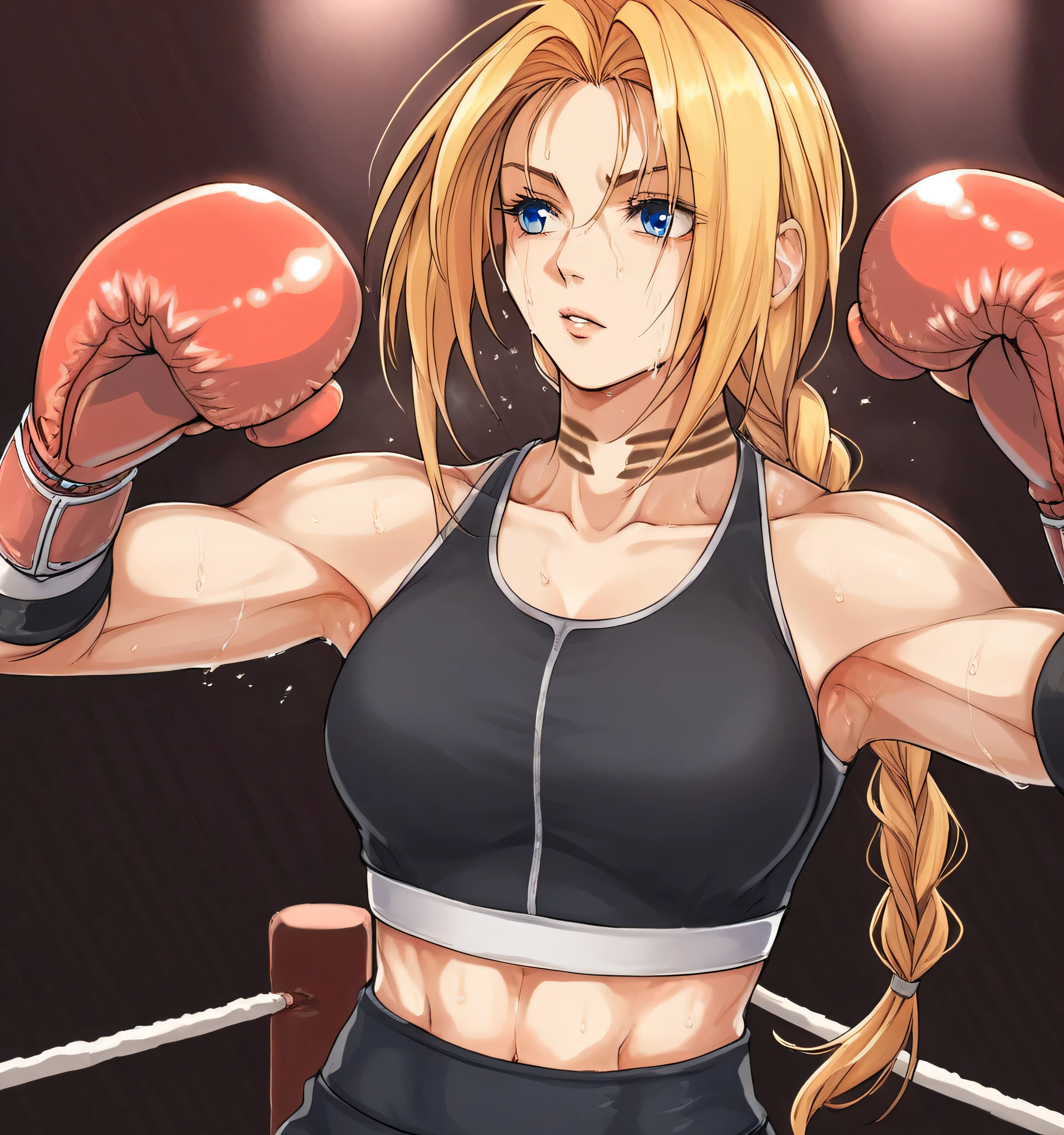 score_9, score_8_up, score_7_up, score_6_up, Detailed Background, BREAK
 koasmirage, 1girl, long hair, sports bra, klausian neck markings, sweating,blonde hair, blue eyes, single braid,BREAK
boxing ring, boxing gloves, mma,