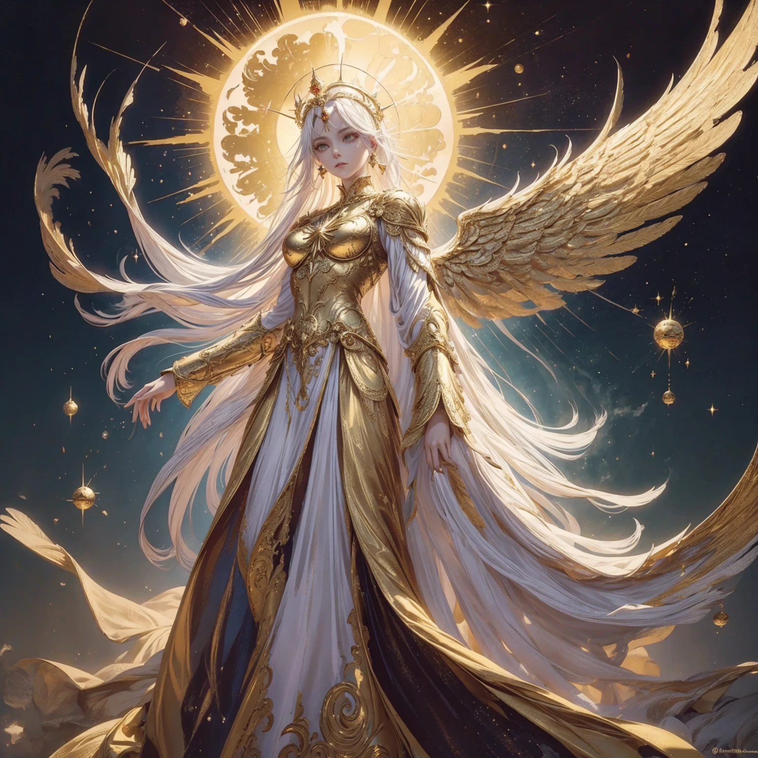 Art of Woman Wearing Sun Crown, Wearing a gorgeous golden metal bra and breastplate that reveals a little skin above the chest, Wearing a gorgeous golden dress with nebula inside, A pair of giant angel wings taller than the body spread out behind the woman., ancient goddess art, Sacredness. Very detailed, Mysterious inspiration, Inspiration from the Sun God, Religious inspiration, A divine background, Cold and snobbish face, Dangerous expressions, White hair, Floating sideways in the void like a goddess, One hand reaches out to the sky while the other hand holds a brilliant orb as bright as the sun., Full body portrait, Gothic art style, Weird art style, Occult art, Halo of angels, contempt eyes, Divine light, Wide-angle lens, Upward Shot