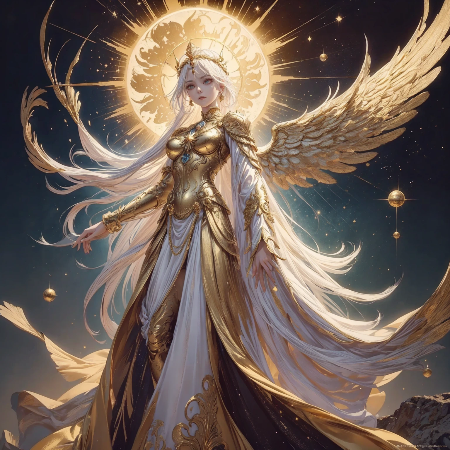 Art of Woman Wearing Sun Crown, Wearing a gorgeous golden metal bra and breastplate that reveals a little skin above the chest, Wearing a gorgeous golden dress with nebula inside, A pair of giant angel wings taller than the body spread out behind the woman., ancient goddess art, Sacredness. Very detailed, Mysterious inspiration, Inspiration from the Sun God, Religious inspiration, A divine background, Cold and snobbish face, Dangerous expressions, White hair, Floating sideways in the void like a goddess, One hand reaches out to the sky while the other hand holds a brilliant orb as bright as the sun., Full body portrait, Gothic art style, Weird art style, Occult art, Halo of angels, contempt eyes, Divine light, Wide-angle lens, Upward Shot
