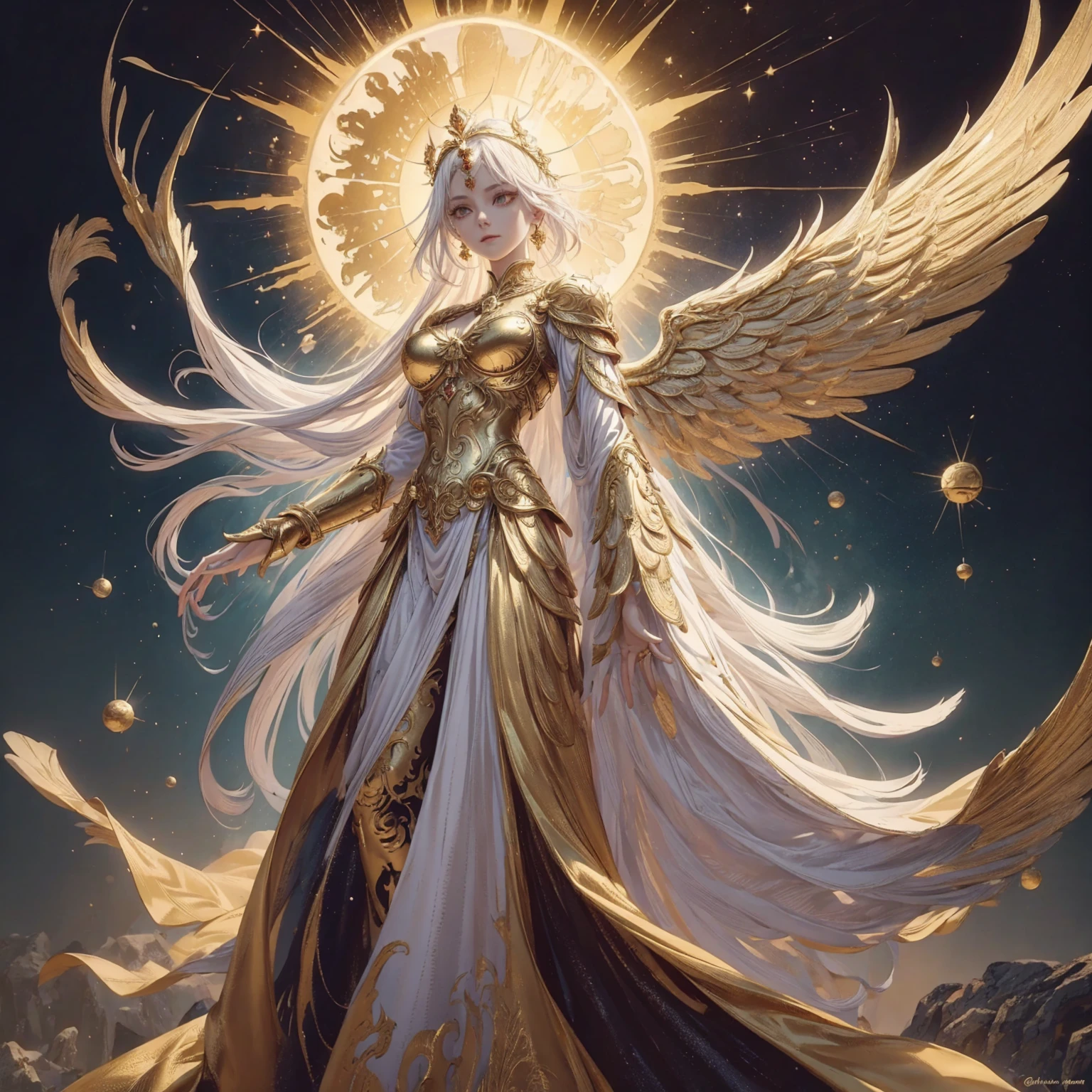 Art of Woman Wearing Sun Crown, Wearing a gorgeous golden metal bra and breastplate that reveals a little skin above the chest, Wearing a gorgeous golden dress with nebula inside, A pair of giant angel wings taller than the body spread out behind the woman., ancient goddess art, Sacredness. Very detailed, Mysterious inspiration, Inspiration from the Sun God, Religious inspiration, A divine background, Cold and snobbish face, Dangerous expressions, White hair, Floating sideways in the void like a goddess, One hand reaches out to the sky while the other hand holds a brilliant orb as bright as the sun., Full body portrait, Gothic art style, Weird art style, Occult art, Halo of angels, contempt eyes, Divine light, Wide-angle lens, Upward Shot