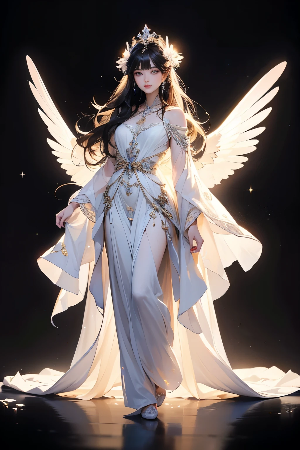 (Extra Detail Art), 8k ,Fashion Model、Natural standing posture、Full body portrait、Beautiful Face、Beautiful hairstyle、beautiful goddess,softly illuminated、Flowing feathers,Fluorescent translucent clothing,Standing in the space between celestial bodies,Black background with glitter dots,Ethereal,