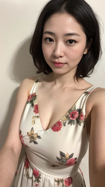 Highest quality,masterpiece,Ultra-high resolution,(Realistic:1.4),Beautiful lighting, (Highly detailed CG Unity 8K wallpapers), Beautiful face in every detail,Detailed clothing, 50mm portrait photography, No background、One Girl,Big black eyes, cute, young, Temporarily stop, Facial Lighting, Physically Based Rendering,Written boundary depth , Black Hair, short hair, ((Shoot from above)), Japanese women、20-year-old、Floral dress、(Big Breasts)、(Upper Body)、Beautiful young woman taking a selfie, Taken with iPhone camera、In front of a white wall、Selfie