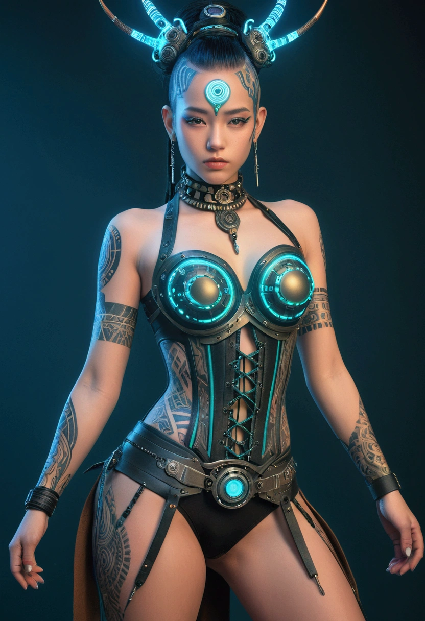 detailed cinematic photography of Beautiful teen cyberpunk techno female shaman, tribal corsetry outfit, tribal tattoos, a beautiful cyberpunk cell, dynamic pose, posing for Maxim magazine cover, neon lit, iabstract beauty, near perfection, pure form, intricate detail Outrageously stunning detailed photo realistic cinematic photography