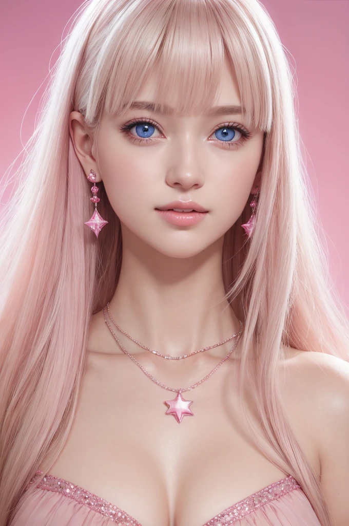 1girl,star blue eye,blush,perfect illumination,upper body,3DMM,blonde hair,long hair,jewelry,gradient pink background,pink dress,earrings,pink dress,realistic,necklace,looking at viewer,tiara,pink lips,light smile,unreal engine,side lighting,detailed face,bangs,bright skin