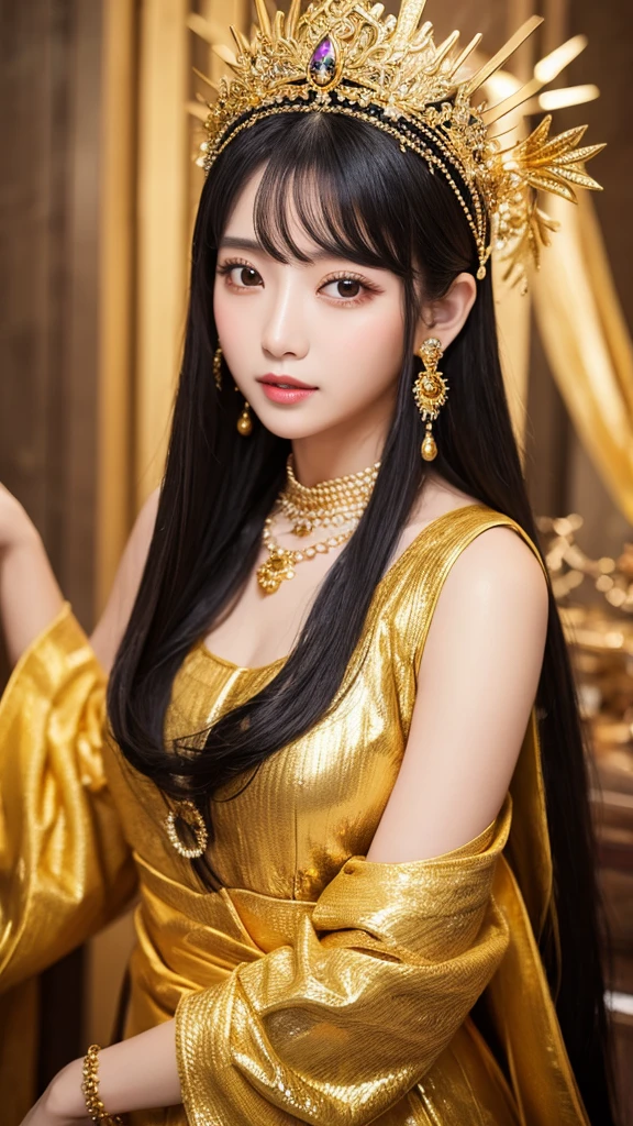 goddess Golden Clothes Sparkling accessories Asia crown Upper Body Gaze Black Hair Shortcuts,