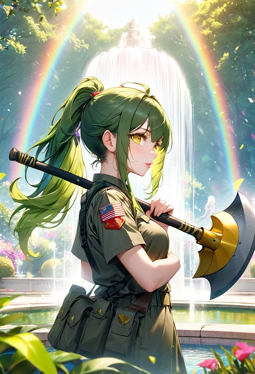 (profile, beautiful style), (solo:2, 15 yo), (beautiful ponytail) (beautiful detailed green hair, long hair) (best axe fighter girl, cute yellow eyes, glossy lip), (hand holding biggest Broad Axe, Axe Head is put on own shoulder), in a Dirty:1.3 combat uniform, break, in the beautiful enchanted garden, Large fountain with double exposure rainbow, BREAK, perfect anatomy, masterpiece, best quality, 16k, beautiful detailed love, daydreaming expression.