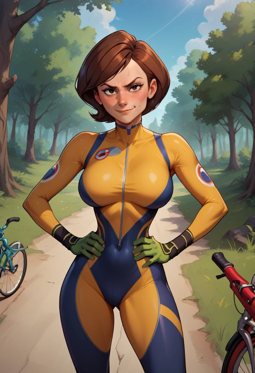 score_9, score_8_up, score_7_up, score_6_up, BREAK helen parr, wearing bicycle outfit, big breasts, evil smirk, hands holding own hips, sweating, in a forest, looking at viewer,