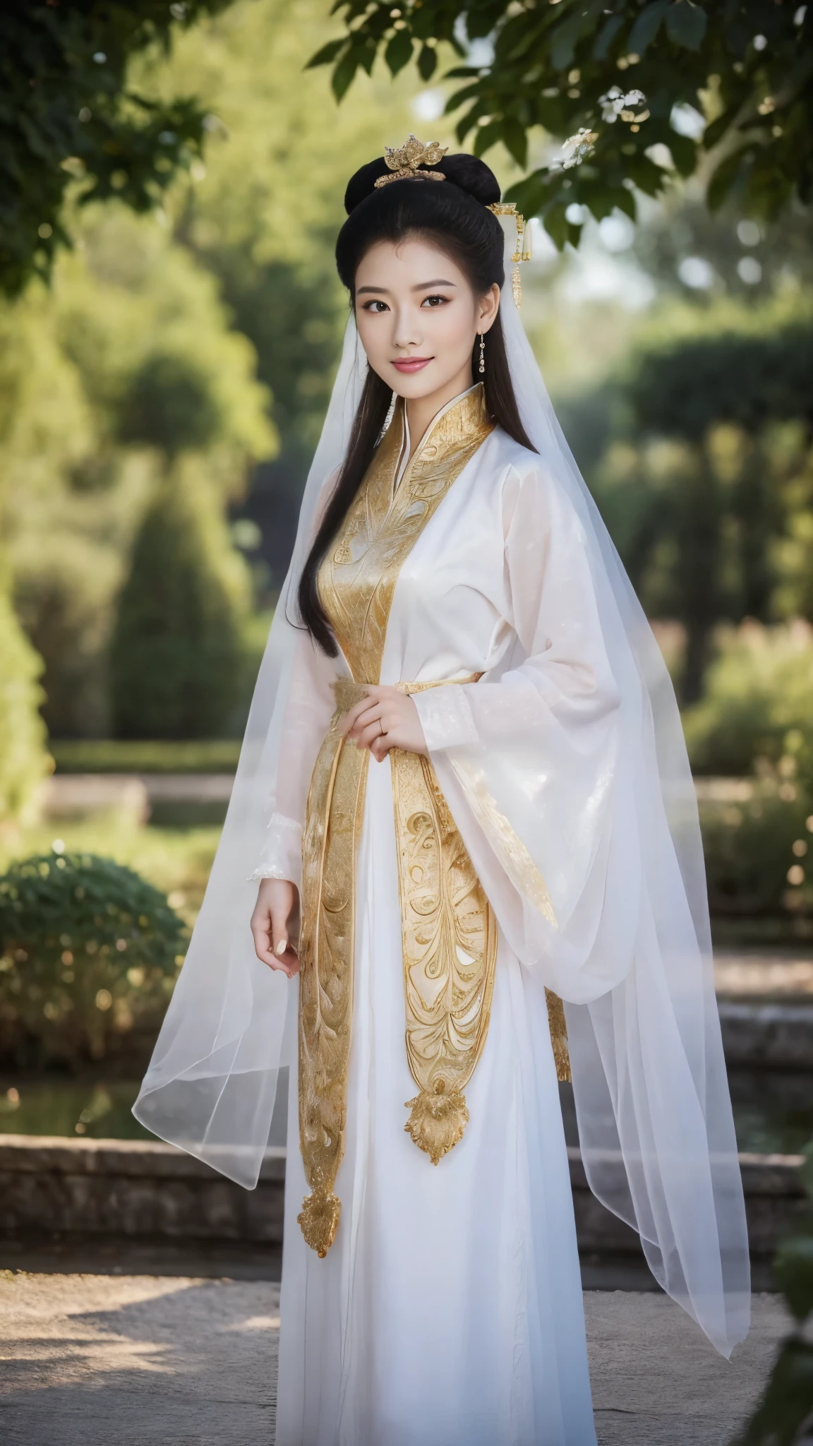 Front view,  standing pose,  Full-body, on palace Garden, Chinese girl, 21 century, looking at viewer, beautiful Chinese  Young General, 26 years old, (Highly detailed face, Ordinary eyes,  Tapered eyebrows, Brown  eye, Variegated eyes, Fuller lips, little Lips, smile),(gold earning, white pearl neck less ),on ground, 
 ancient shoes,  sunset ,(masterpiece, Highest quality, masterpiece, God-like quality, Godly art, , Very realistic)