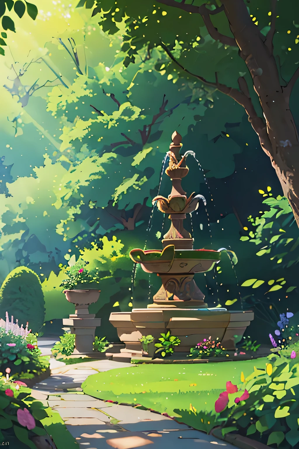 a serene garden,beautiful lush greenery,ornate stone fountain,cobblestone path,sunlight streaming through trees,vibrant flowers blooming,detailed foliage,peaceful atmosphere,(best quality,4k,8k,highres,masterpiece:1.2),ultra-detailed,(realistic,photorealistic,photo-realistic:1.37),lush landscape,warm color tones,natural lighting