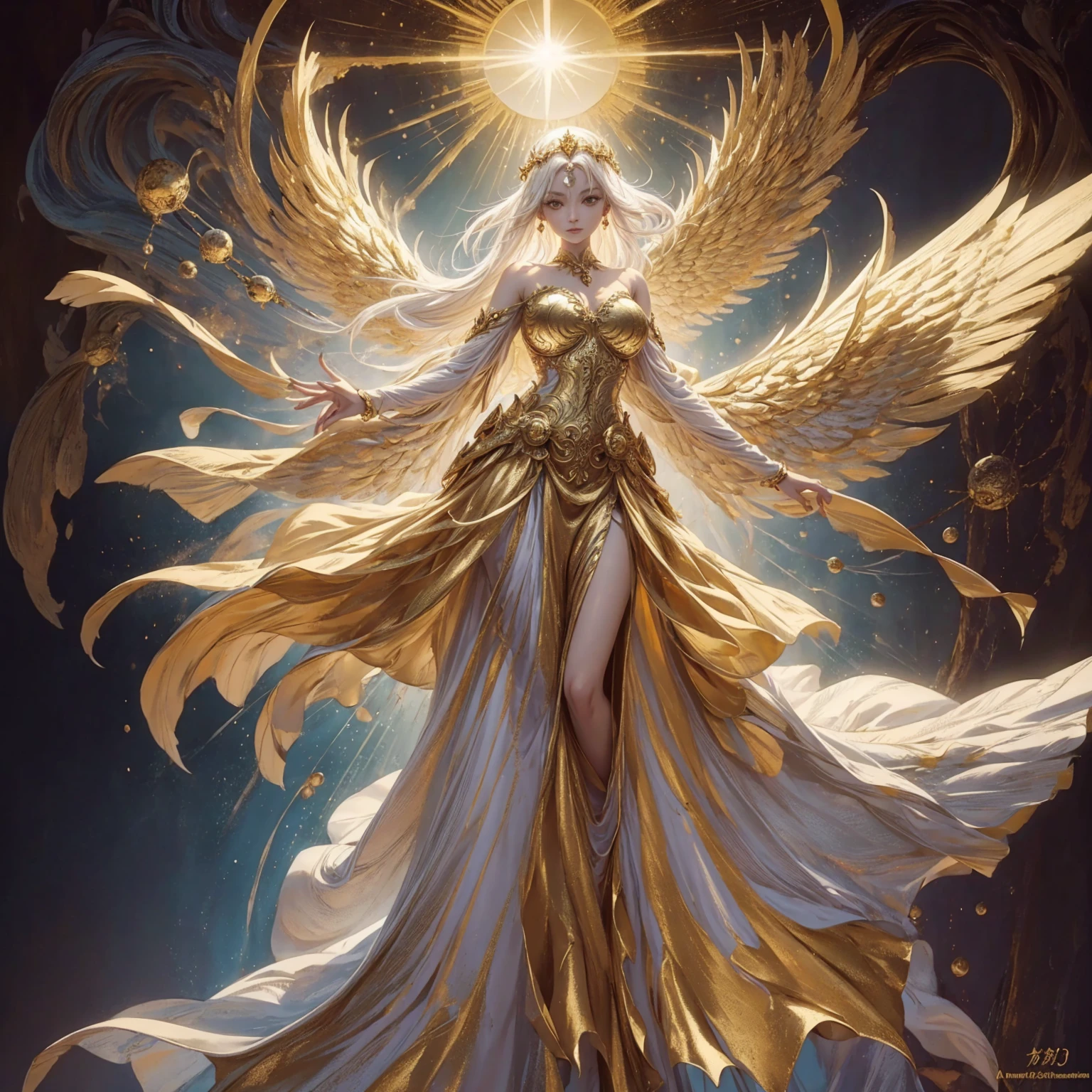 Art of Woman Wearing Sun Crown, Wearing a gorgeous golden metal bra and breastplate that reveals a little skin above the chest, Wearing a gorgeous golden dress with nebula inside, A pair of giant angel wings taller than the body spread out behind the woman., ancient goddess art, Sacredness. Very detailed, Mysterious inspiration, Inspiration from the Sun God, Religious inspiration, A divine background, Cold and snobbish face, Dangerous expressions, White hair, Floating sideways in the void like a goddess, One hand reaches out to the sky while the other hand holds a brilliant orb as bright as the sun., Full body portrait, Gothic art style, Weird art style, Occult art, Halo of angels, contempt eyes, Divine light, Wide-angle lens, Upward Shot