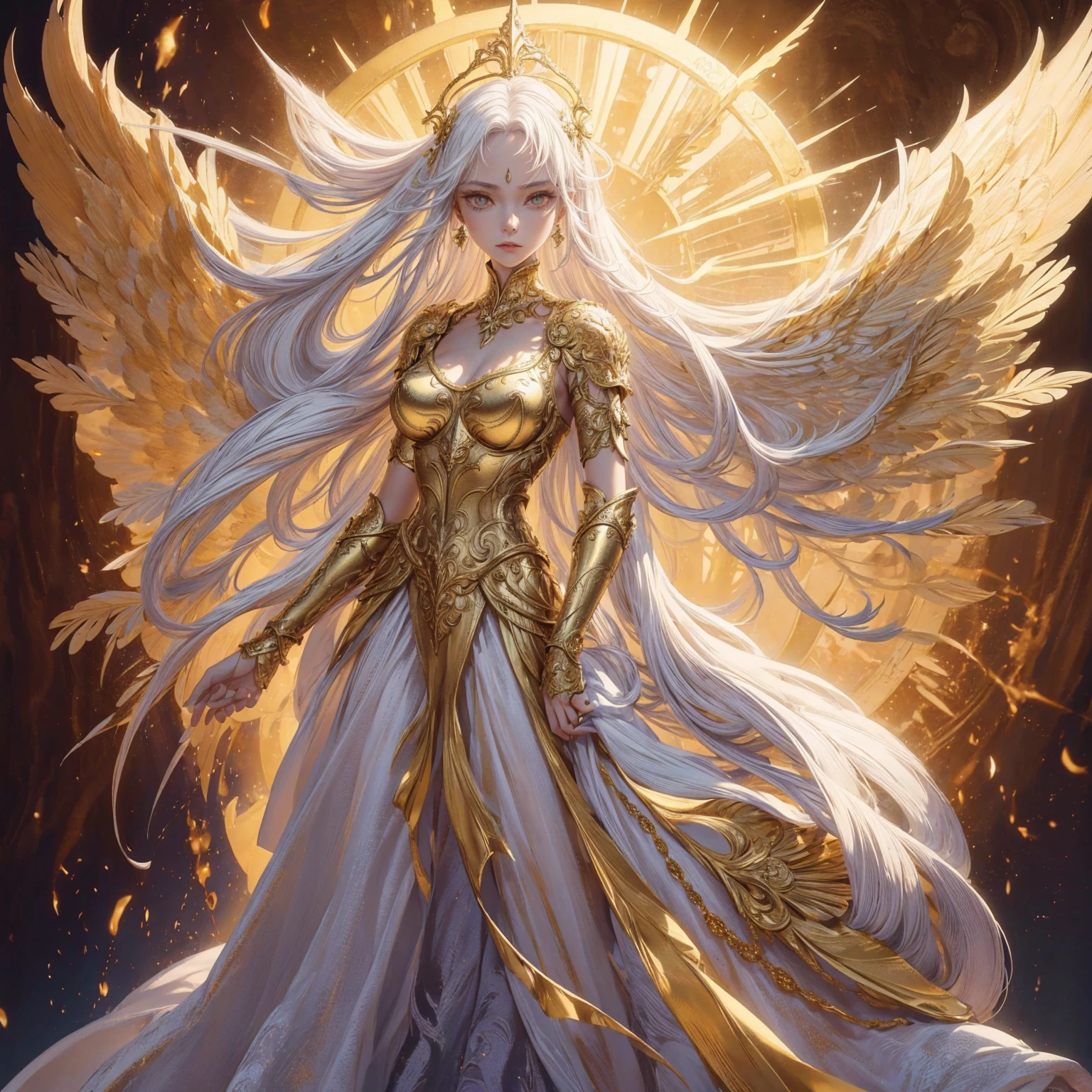 Art of Woman Wearing Sun Crown, Wearing a gorgeous golden metal bra and breastplate that reveals a little skin above the chest, Wearing a gorgeous golden dress with nebula inside, A pair of giant angel wings taller than the body spread out behind the woman., ancient goddess art, Sacredness. Very detailed, Mysterious inspiration, Inspiration from the Sun God, Religious inspiration, A divine background, Cold and snobbish face, Dangerous expressions, White hair, Floating sideways in the void like a goddess, One hand reaches out to the sky while the other hand holds a brilliant orb as bright as the sun., Full body portrait, Gothic art style, Weird art style, Occult art, Halo of angels, contempt eyes, Divine light, Wide-angle lens, Upward Shot
