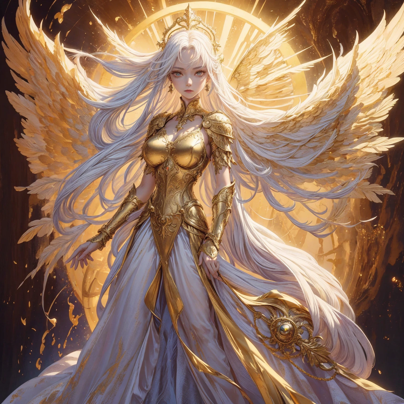 Art of Woman Wearing Sun Crown, Wearing a gorgeous golden metal bra and breastplate that reveals a little skin above the chest, Wearing a gorgeous golden dress with nebula inside, A pair of giant angel wings taller than the body spread out behind the woman., ancient goddess art, Sacredness. Very detailed, Mysterious inspiration, Inspiration from the Sun God, Religious inspiration, A divine background, Cold and snobbish face, Dangerous expressions, White hair, Floating sideways in the void like a goddess, One hand reaches out to the sky while the other hand holds a brilliant orb as bright as the sun., Full body portrait, Gothic art style, Weird art style, Occult art, Halo of angels, contempt eyes, Divine light, Wide-angle lens, Upward Shot