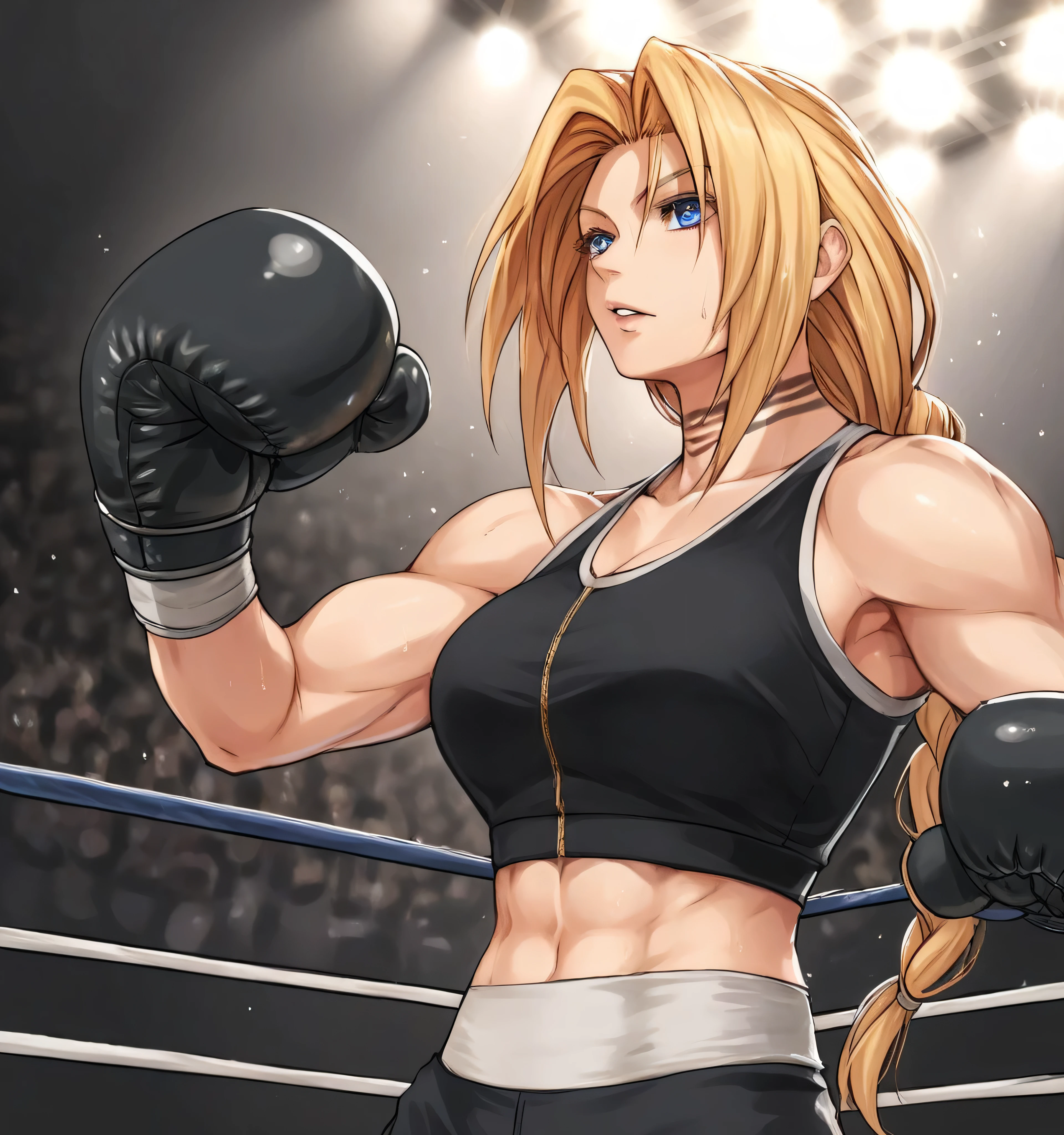 score_9, score_8_up, score_7_up, score_6_up, Detailed Background, BREAK
 koasmirage, 1girl, long hair, sports bra, klausian neck markings, blonde hair, blue eyes, single braid,BREAK
boxing ring, boxing gloves, mma,