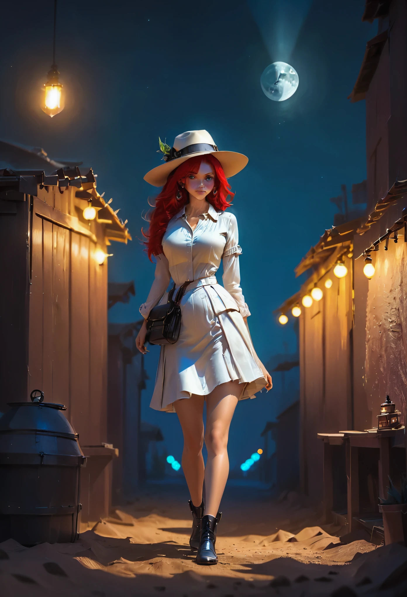 a picture of a female vampire cowboy in the desert night, a goth beauty, exquisite beautiful female vampire, ((anatomically correct: 1.5), (ultra detailed face: 1.2), best detailed face, red glowing eyes, full body, busty, wearing white bottom shirt, short skirt, dynamic color, wearing (Gambler Crease  hat: 1.2), wearing high heeled boots, it is night time in the desert, moon light. moon rays, west America desert canyon background, Hyperrealism style, vibrant, Ultra-high resolution, High Contrast, (masterpiece:1.5), highest quality, Best aesthetics), best details, best quality, highres, ultra wide angle, 16k, [ultra detailed], masterpiece, best quality, (extremely detailed) RAW, chumbasket art style, rpg portrait photograph