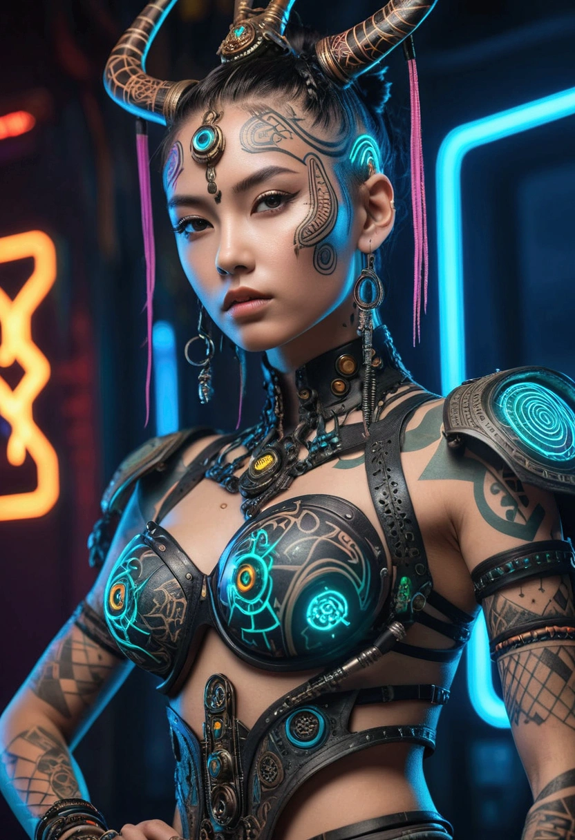 detailed cinematic photography of Beautiful teen cyberpunk techno female shaman, tribal corsetry outfit, tribal tattoos, a beautiful cyberpunk cell, dynamic pose, posing for Maxim magazine cover, neon lit, iabstract beauty, near perfection, pure form, intricate detail Outrageously stunning detailed photo realistic cinematic photography