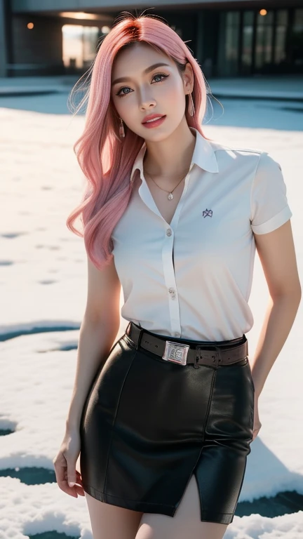 1 girl, model, extremely beautiful, perfect body. Photo taken with Canon EOS R5 85mm f/11 Camera, ((sharp)) mode of people and surrounding scenery. Image quality ((8K)), ((lifelike)), ((masterpiece)), ((sharp and highest contrast)), ((great depth of field)), ((light stereolithography)).
((Pink hair)), ((high-end cosmetic makeup)), ((bright, radiant smile)), ((brilliant glossy red lipstick)), ((Ivory, white skin bright)), detailed pores, ((glossy skin)), ((Light shining directly on the face)), bright sunlight.
Earrings, necklace, belt, ((thin shirt)), ((shiny leather skirt)), high heels, bracelets.
Close-up photo of 1/2 of the girl's body, model pose, ((white snow)), cold wind, frost, bitter cold, numbness, ((frozen)), snowflakes, loneliness, mystery virtual, dreamy, waiting, ((hope)).