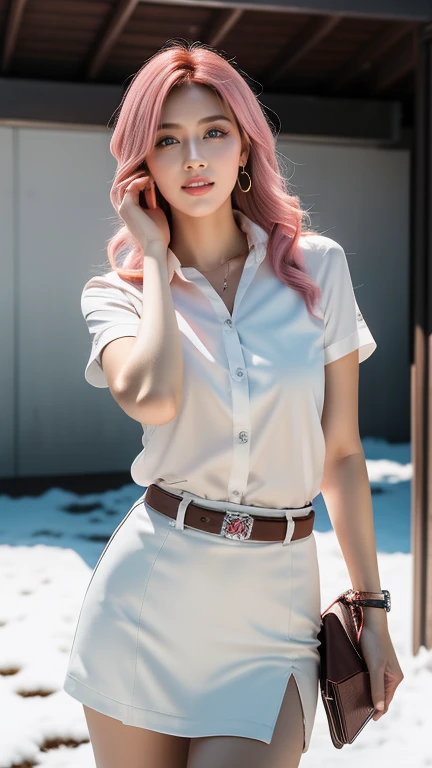 1 girl, model, extremely beautiful, perfect body. Photo taken with Canon EOS R5 85mm f/11 Camera, ((sharp)) mode of people and surrounding scenery. Image quality ((8K)), ((lifelike)), ((masterpiece)), ((sharp and highest contrast)), ((great depth of field)), ((light stereolithography)).
((Pink hair)), ((high-end cosmetic makeup)), ((bright, radiant smile)), ((brilliant glossy red lipstick)), ((Ivory, white skin bright)), detailed pores, ((glossy skin)), ((Light shining directly on the face)), bright sunlight.
Earrings, necklace, belt, ((thin shirt)), ((shiny leather skirt)), high heels, bracelets.
Close-up photo of 1/2 of the girl's body, model pose, ((white snow)), cold wind, frost, bitter cold, numbness, ((frozen)), snowflakes, loneliness, mystery virtual, dreamy, waiting, ((hope)).