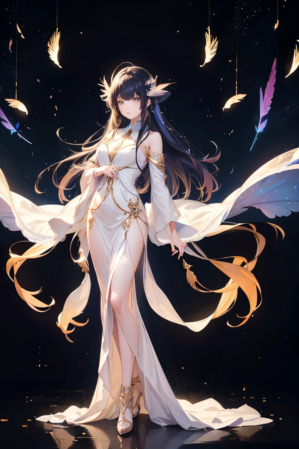 (Extra Detail Art), 8k ,Fashion Model、Natural standing posture、Full body portrait、Beautiful Face、Beautiful hairstyle、beautiful goddess,softly illuminated、Flowing feathers,Fluorescent translucent clothing,Standing in the space between celestial bodies,Black background with glitter dots,Ethereal,