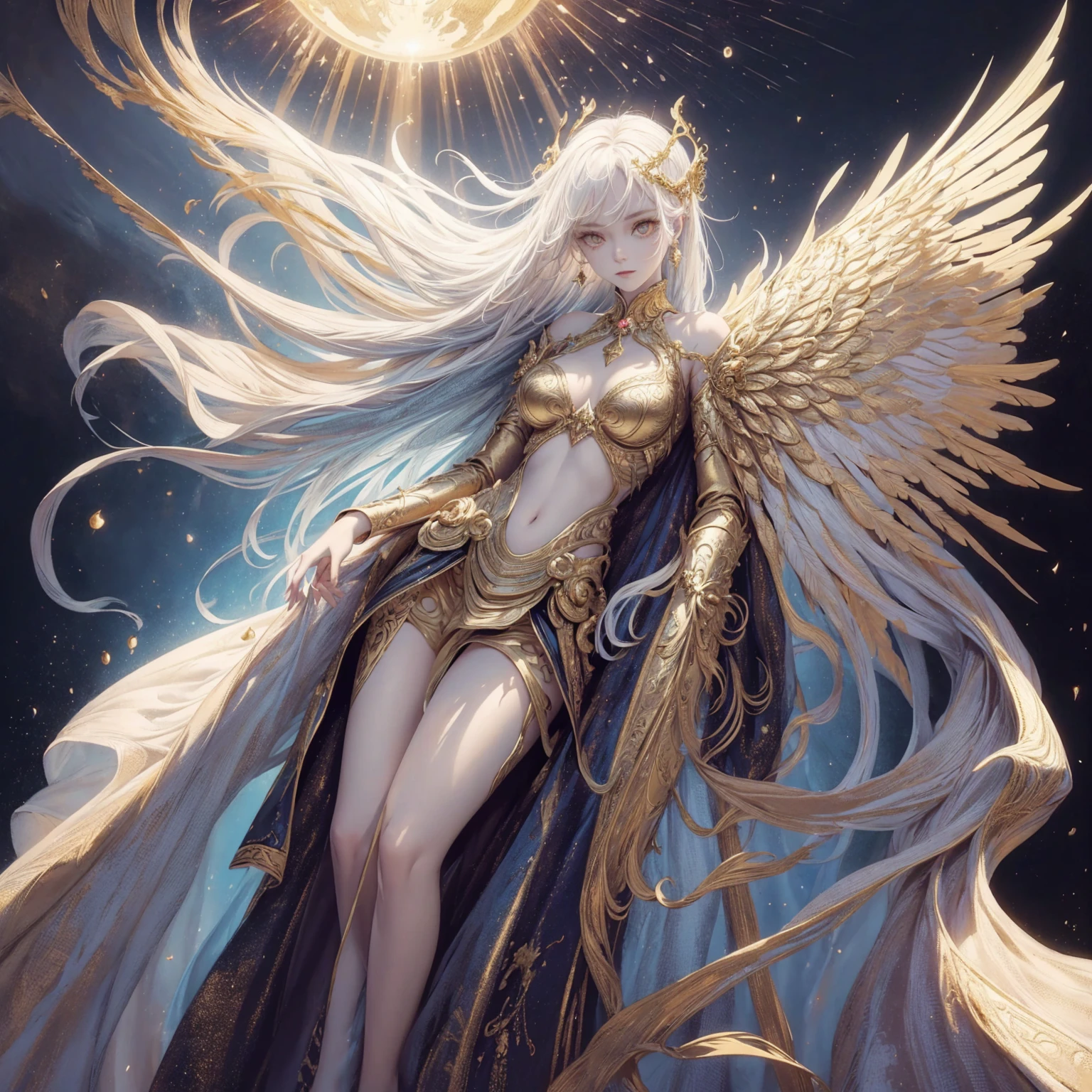 Art of Woman Wearing Sun Crown, Wearing a gorgeous golden metal bra and breastplate that reveals a little skin above the chest, Wearing a gorgeous golden dress with nebula inside, A pair of giant angel wings taller than the body spread out behind the woman., ancient goddess art, Sacredness. Very detailed, Mysterious inspiration, Inspiration from the Sun God, Religious inspiration, A divine background, Cold and snobbish face, Dangerous expressions, White hair, Floating sideways in the void like a goddess, One hand reaches out to the sky while the other hand holds a brilliant orb as bright as the sun., Full body portrait, Gothic art style, Weird art style, Occult art, Halo of angels, contempt eyes, Divine light, Wide-angle lens, Upward Shot