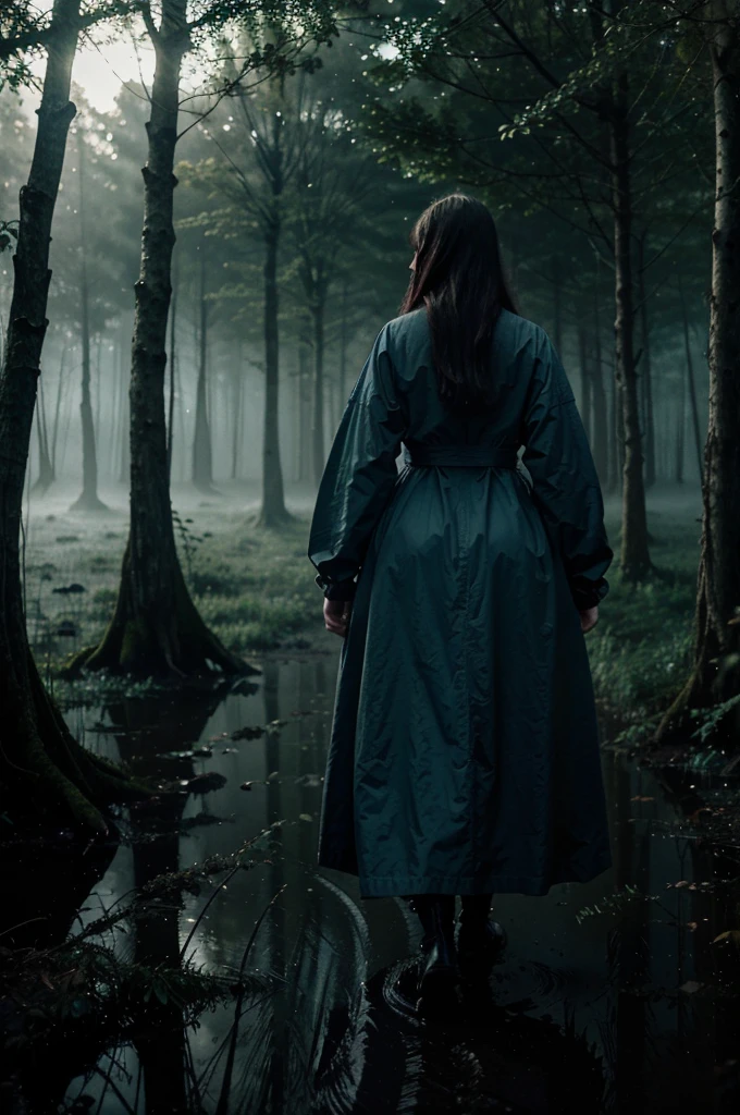 a cinematic shot, a woman in 19th century clothes - a long pale blue dress and a black long raincoat makes her way through a swamp in the thicket of the forest, fog, eerie lighting, strange humanoid creatures with glowing eyes peek out from behind the trees, horror, gloomy atmosphere