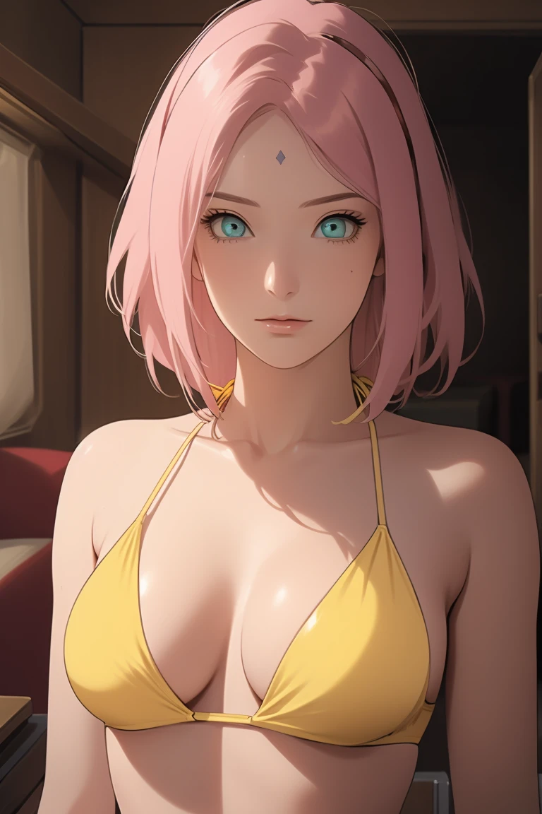 Sakura Haruno from Naruto , hair color to pink,
BREAK ((yellow bikini:1.5))
BREAK view from below, morning city, street,
BREAK (masterpiece:1.2), best quality, high resolution, unity 8k wallpaper, (illustration:0.8), (beautiful detailed eyes:1.6), extremely detailed face, perfect lighting, extremely detailed CG, (perfect hands, perfect anatomy),