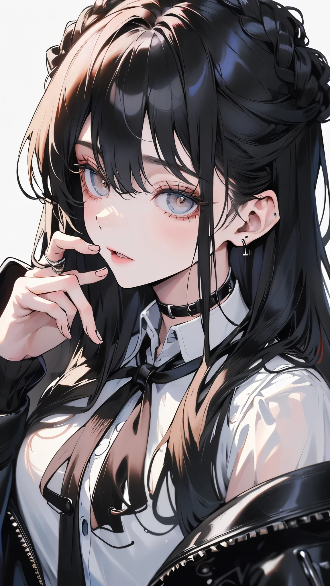 (Top resolution、Distinct_image)top-quality、(A girl) 、masterpiece、highly detailed, half body, Semi-realistic、 ( grey eyes ) 、18year old,
( black hair ), (white inside) ,young 、Exquisite facial features、Facial features ,variation potrait, long hairstyle , teenage, cool , cold sharp eyes, , {Very detailed 8k CG unit wallpaper}, students, (white shirt) , black tie, music classroom, (black jacket on top) , punk , cold, cool , handsome girl, tomboy