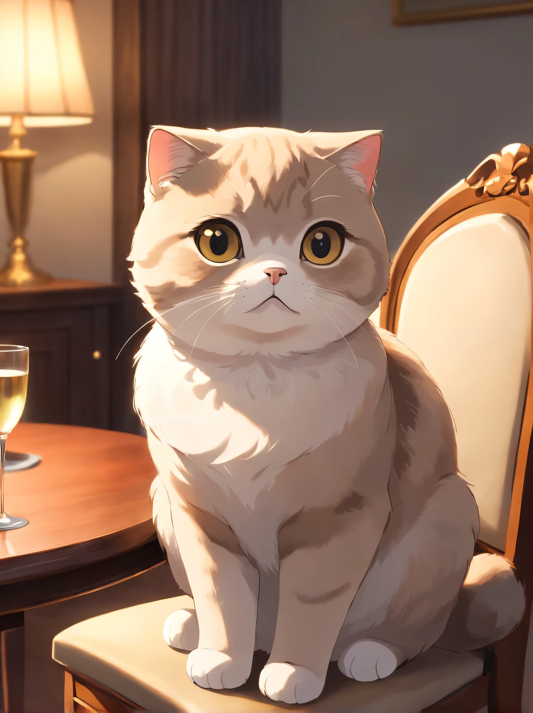 a scottish fold cat, close up portrait, sitting on a chair in a dining room, elegant and sophisticated, soft lighting, detailed fur texture, large expressive eyes, cute facial expression, photorealistic, 8k, high quality, masterpiece