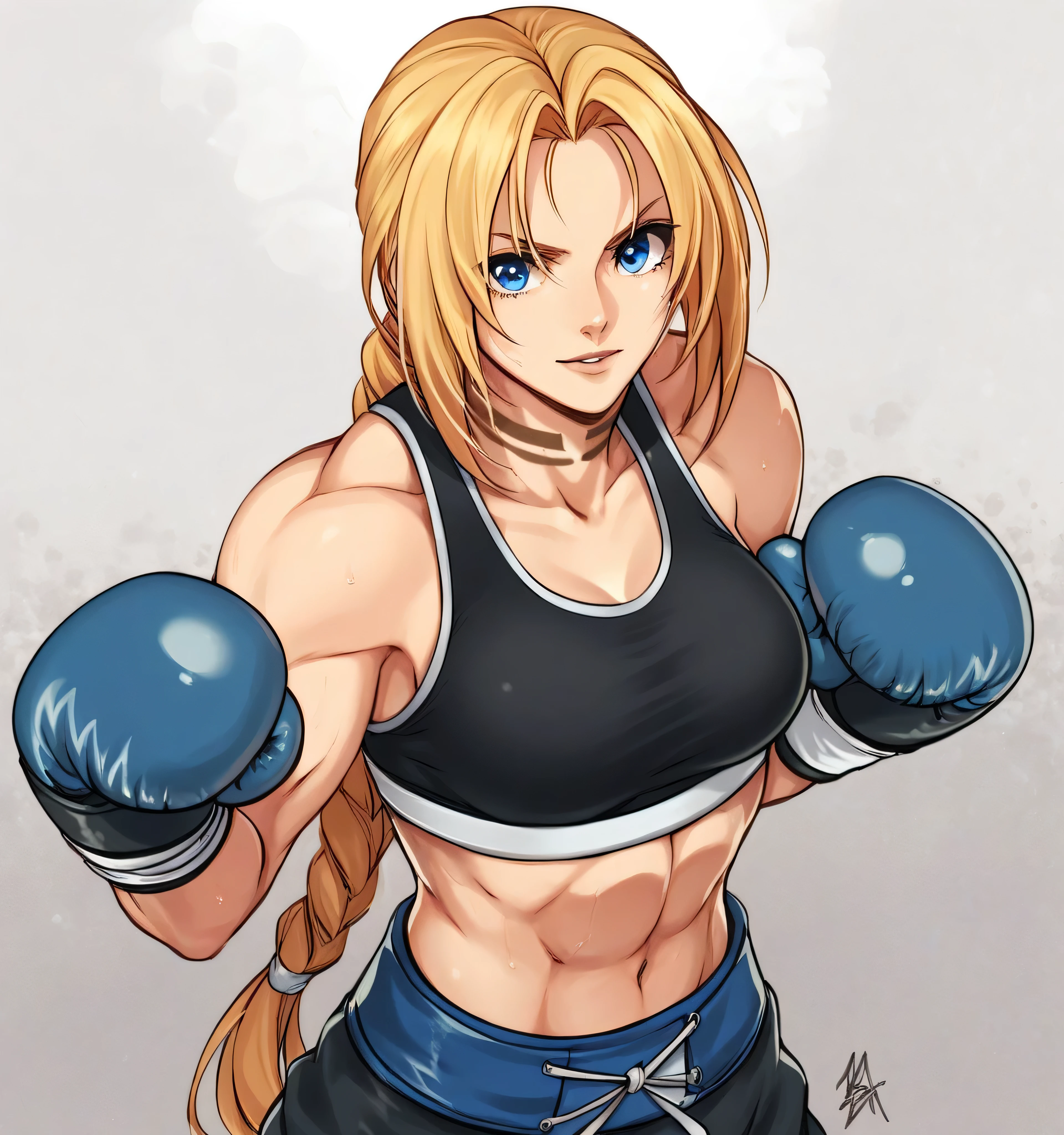 score_9, score_8_up, score_7_up, score_6_up, Detailed Background, BREAK
 koasmirage, 1girl, long hair, sports bra, klausian neck markings, blonde hair, blue eyes, single braid,BREAK
boxing ring, boxing gloves, mma,