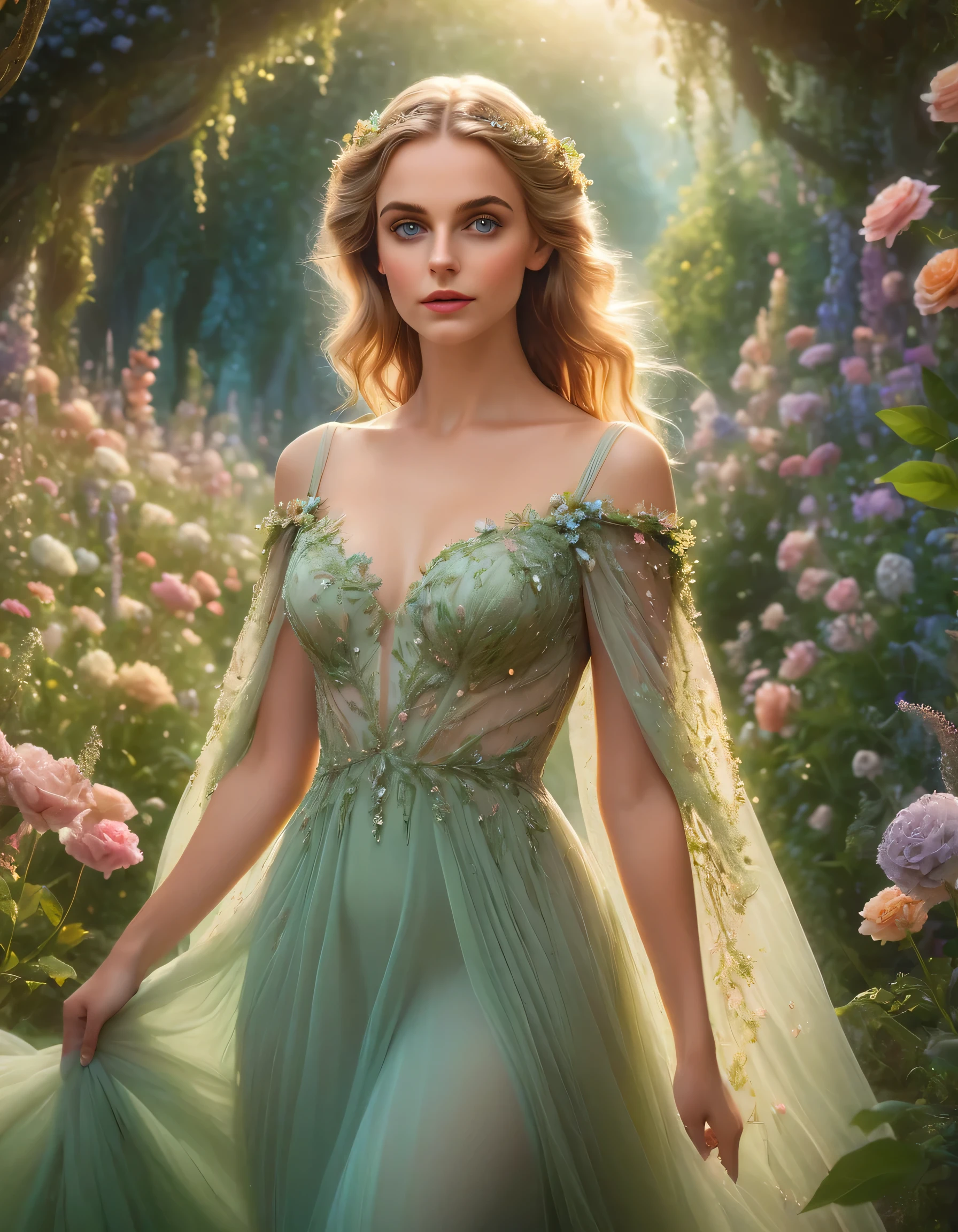 a girl walking among many woman, 1girl, beautiful detailed eyes, beautiful detailed lips, extremely detailed eyes and face, long eyelashes, elegant dress, graceful pose, soft lighting, muted color palette, cinematic composition, dramatic lighting, ethereal atmosphere, fantasy landscape, lush vegetation, floating flowers, dreamlike, whimsical, magical realism, many 40 year old woman around her (best quality,4k,8k,highres,masterpiece:1.2),ultra-detailed,(realistic,photorealistic,photo-realistic:1.37)