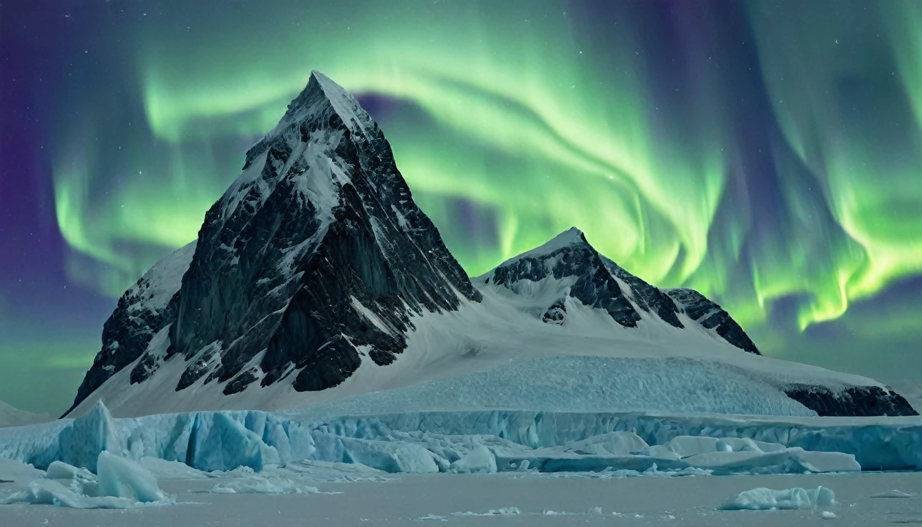 "Generates an ultra-sharp image of a mysterious landscape in Antarctica. Includes vast glaciers glistening in the moonlight, towering ice mountains, and an aurora borealis in the night sky. Adds an impressive and ancient alien construction half buried in the snow, with alien architecture and dim lights emanating from within. The structure must have an intricate design, with details suggesting advanced technology and unknown origin. Make sure the scene has a mystical and desolate atmosphere, with light and shadow effects that enhance the texture and clarity of ice and snow, while the extraterrestrial construction adds a touch of mystery and fascination."
