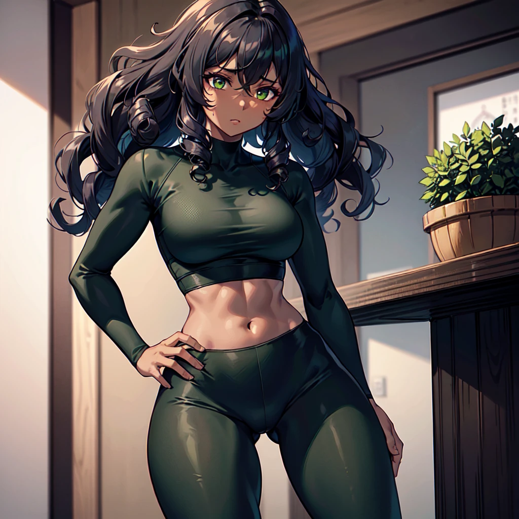 1womanl, alone, ((African black skin, Very deep ebony skin)), ((medium and curly hair)), Workout clothes, ((green blouse and leggings), Waist slender, athlete's legs, 21 years, anime styling, happy/glad, ssmile, eyes browns, cracked abdomen, breastsout, high resolution
