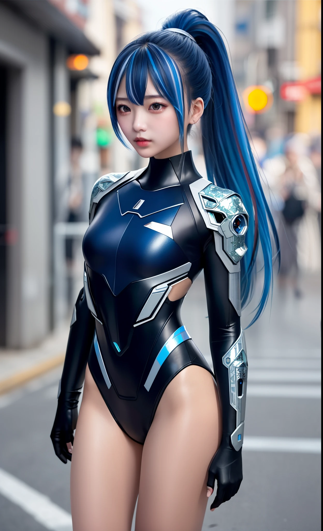 Practical,photoPractical,masterpiece,best quality,1girl,Solitary,(standing in street),Looking at the audience,{{masterpiece}},Flat Chestbest quality},Solitary,flat_Chest,Delicate face,{Lots of glowing particles},High Ponytail,Mecha cloth,girl,cool action,Fragments Bodysuit,{Filigree},Delete and (Rich) hair,(Fragments) and (broker) Body,Blue streaked hair,Depth of Field,