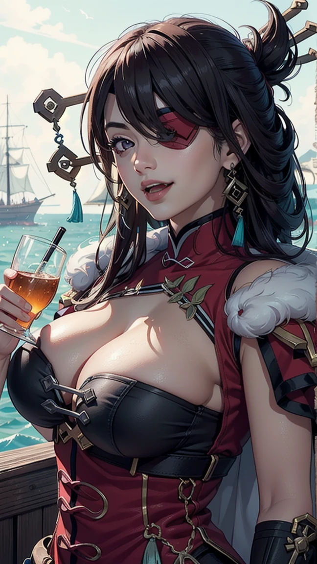 ((masterpiece)),(bestquality),((ultra-detailed)), (beautiful detailed face), depth of field,detailed,((beautiful detailed eyes)), big breast, beidoudef, eye patch, body 3:4, in a pirate boat. Laughing and drinking a bottle of rum.