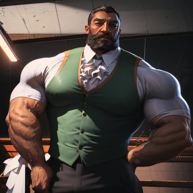 Old man, full body, an exaggeratedly muscular and large bodyguard, beefy build, mixed race, (wearing green business casual collared shirt: 1.2), name tag, (bara pecs: 1.3), (arm and chest hair: 1.1), close-up portrait HD, bright corporate office with large windows, brown pants, big ass in pants, (seen from behind: 1.2)