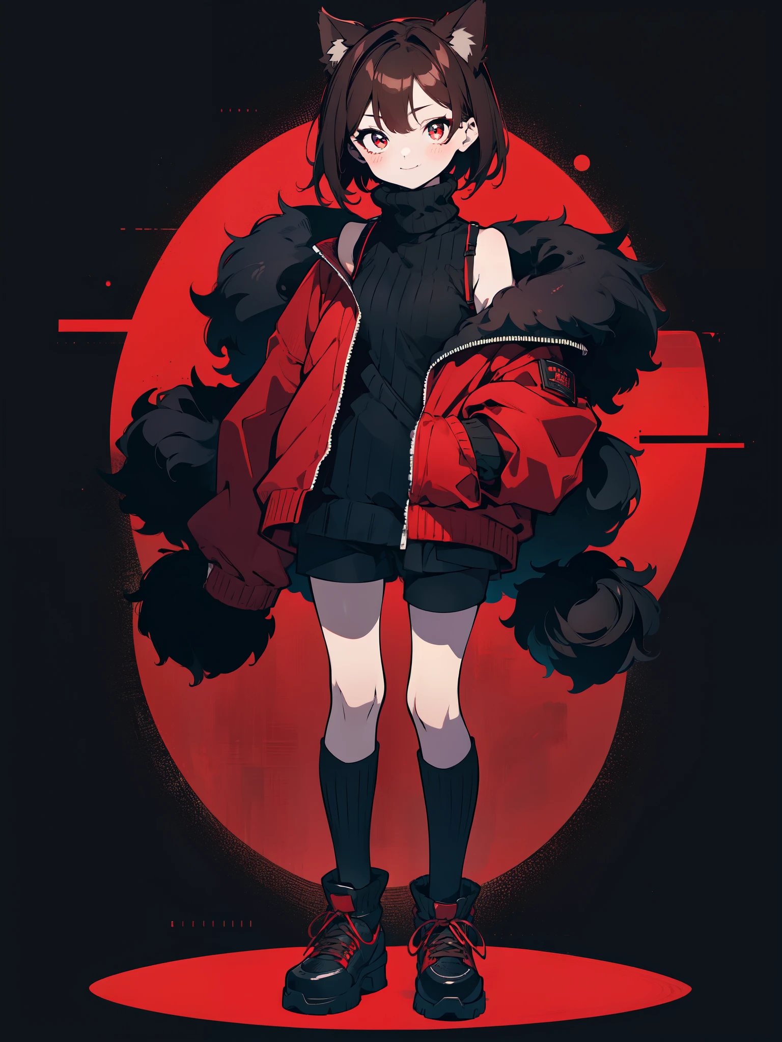 dark background，full body, standing,charaSF,smile, 1girl, solo, short hair, brown hair, red eyes, collar, black jacket, off shoulder, fur trim, red sweater, ribbed sweater, turtleneck, shoulder cutout, long sleeves, black shorts, blush sticker,dog collar,black shoes,bitdstyle monochrome,dark