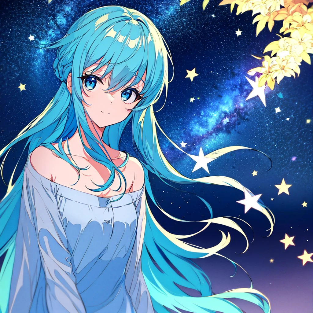 Summer night starry sky light blue hair woman