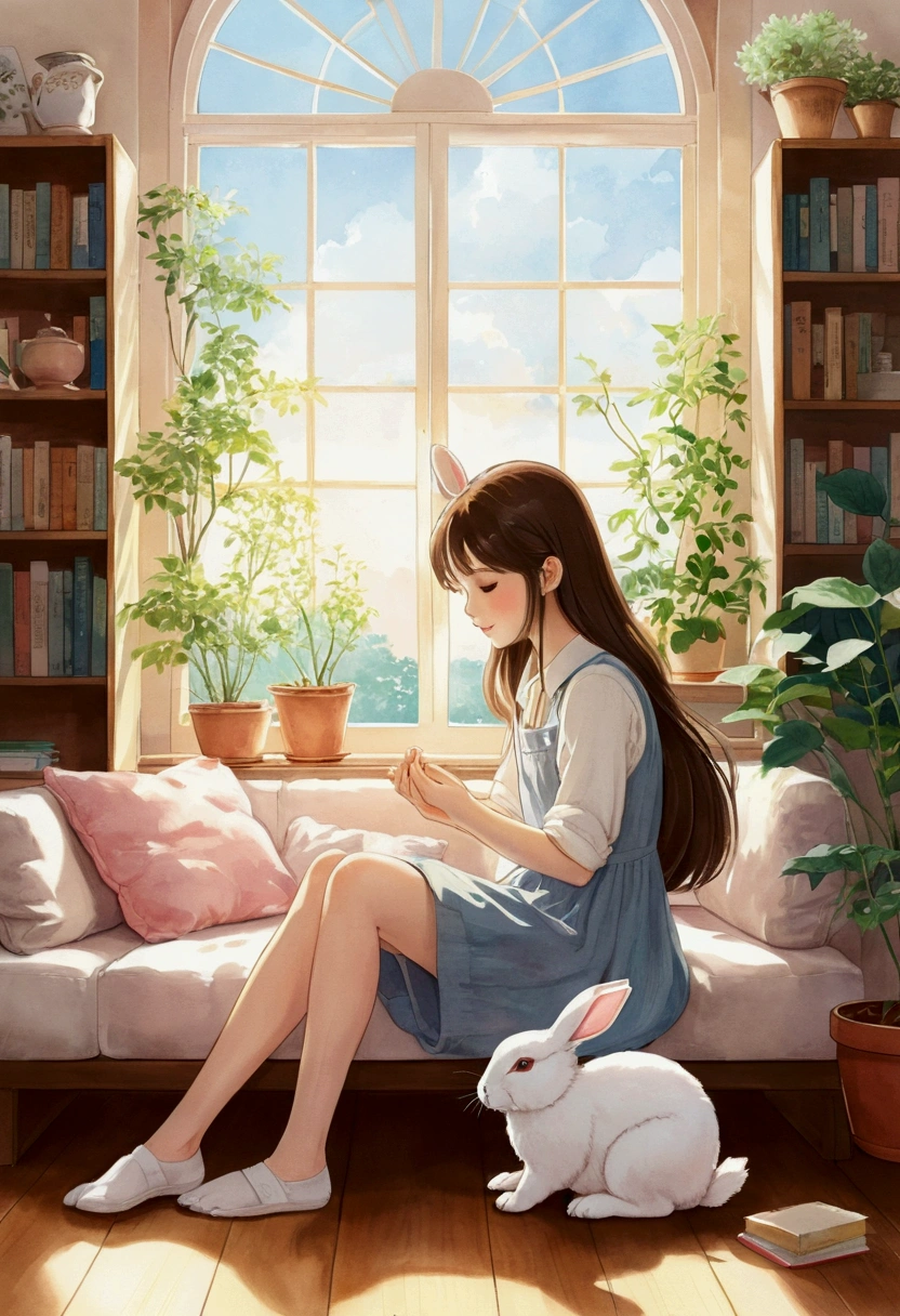 Soft and gentle anime style illustration。a young woman with long hair、I&#39;m sitting on a comfortable sofa in a sunny room.。On her knees、A fluffy white rabbit curled up comfortably、She is gently stroking the rabbit。The room is decorated in pastel colors.、There are potted plants and a bookshelf lined with colorful books.、There is a calm atmosphere in the air。The sunlight streaming in through the window casts a warm golden glow.、It creates a peaceful and heartwarming scene.。The line art is simple and clean.、It is painted with soft watercolor-like colors.、Reminiscent of Studio Ghibli style。