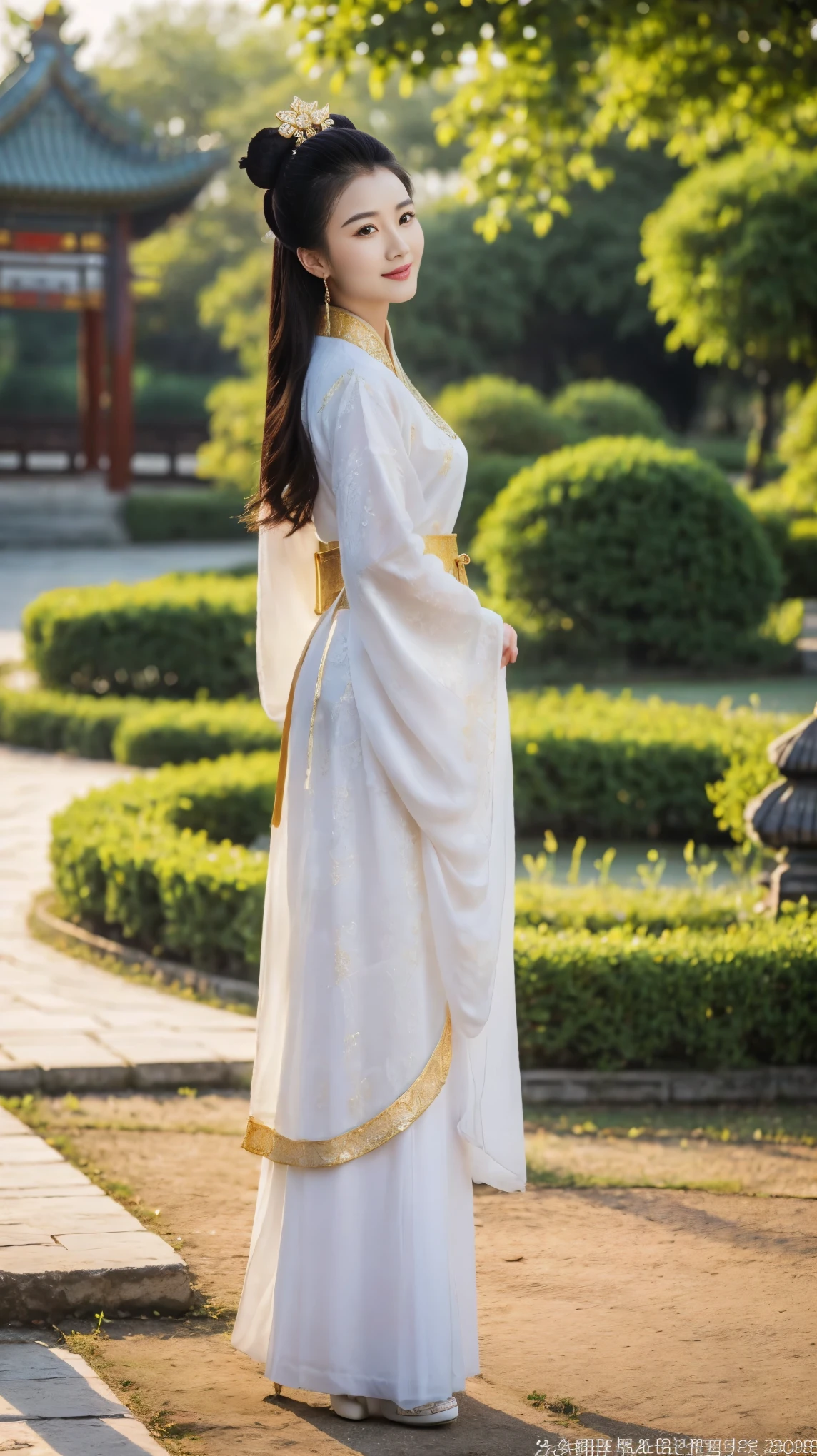 Front view,  standing pose,  Full-body, on palace Garden, Chinese girl, 21 century, looking at viewer, beautiful Chinese  Young General, 26 years old, (Highly detailed face, Ordinary eyes,  Tapered eyebrows, Brown  eye, Variegated eyes, Fuller lips, little Lips, smile),(gold earning, white pearl neck less ),on ground, 
 ancient Chinese shoes,  sunset ,(masterpiece, Highest quality, masterpiece, God-like quality, Godly art, , Very realistic)