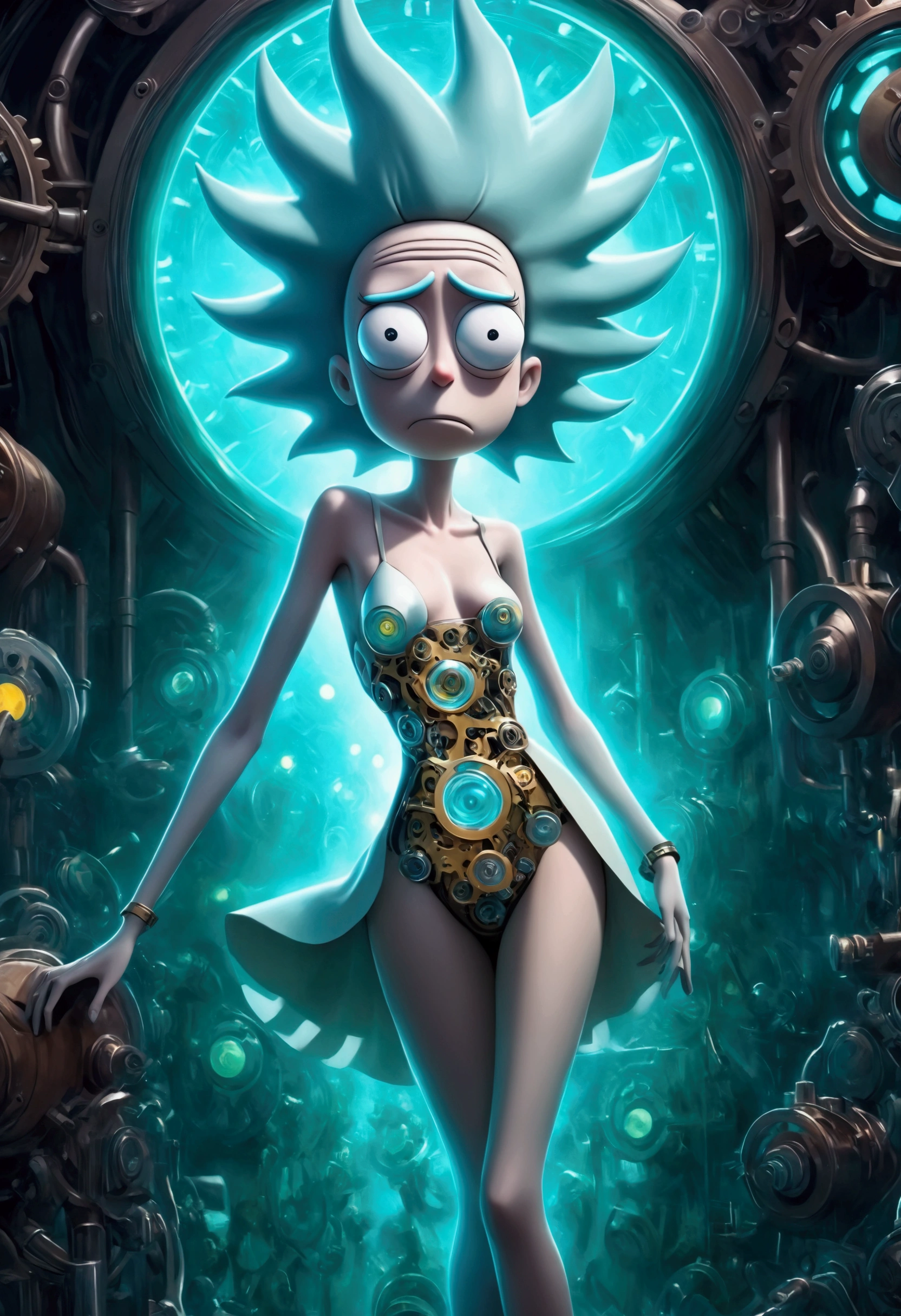 RICK AND mORTY'S, Rick, is watching a fashion show in a world of clockwork people. Cute clockwork woman (age 25, high heels, sexy dress, semi transparent skin showing her gears)