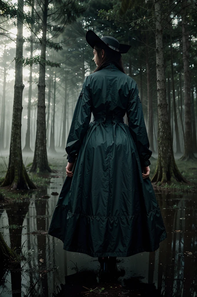 a cinematic shot, a woman in 19th century clothes - a long pale blue dress and a black long raincoat makes her way through a swamp in the thicket of the forest, fog, eerie lighting, strange humanoid creatures with glowing eyes peek out from behind the trees, horror, gloomy atmosphere, front view, full face,