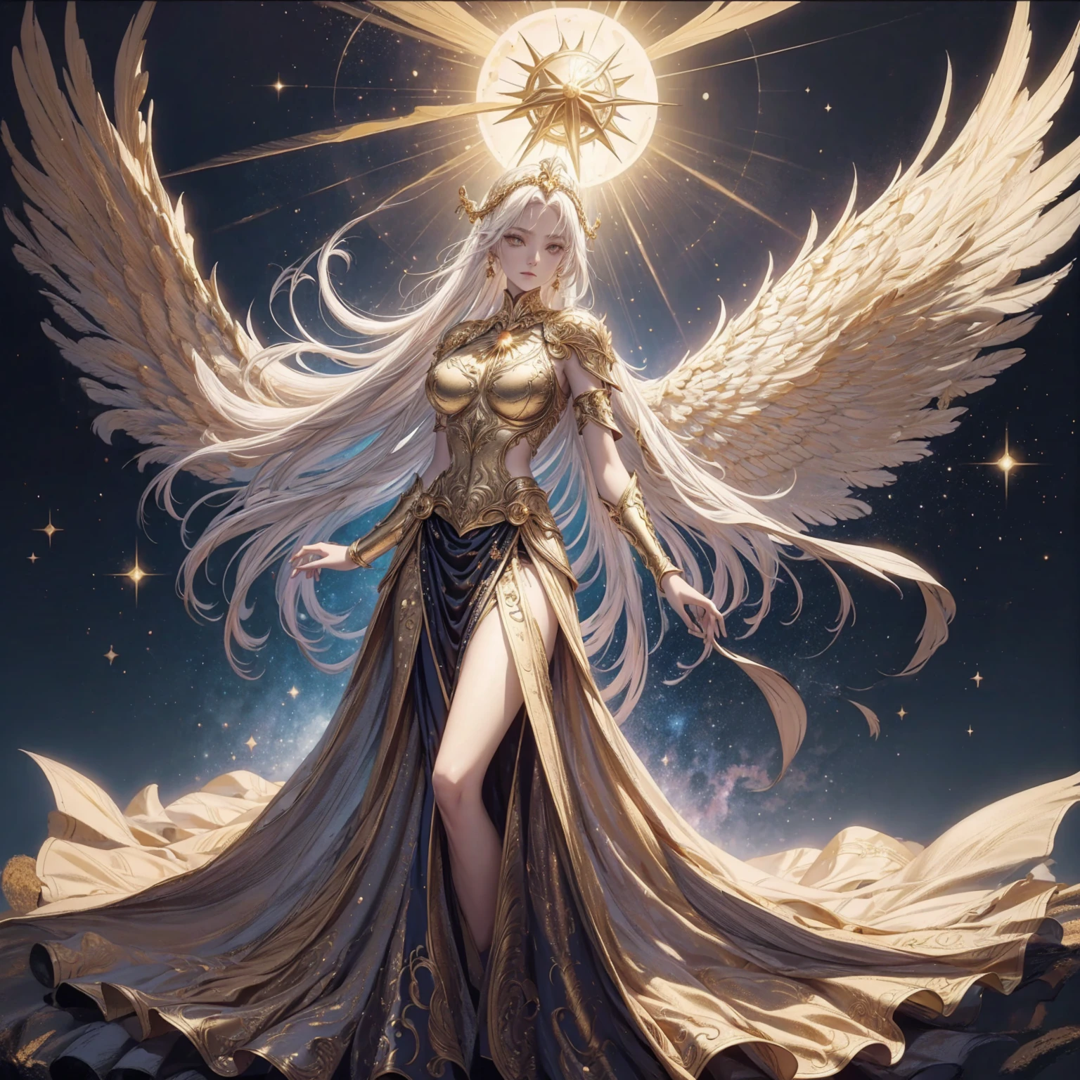 Art of Woman Wearing Sun Crown, Wearing a gorgeous golden metal bra and breastplate that reveals a little skin above the chest, Wearing a gorgeous golden dress with nebula inside, A pair of giant angel wings taller than the body spread out behind the woman., ancient goddess art, Sacredness. Very detailed, Mysterious inspiration, Inspiration from the Sun God, Religious inspiration, A divine background, Cold and snobbish face, Dangerous expressions, White hair, Floating sideways in the void like a goddess, One hand reaches out to the sky while the other hand holds a brilliant orb as bright as the sun., Full body portrait, Gothic art style, Weird art style, Occult art, Halo of angels, contempt eyes, Divine light, Wide-angle lens, Upward Shot