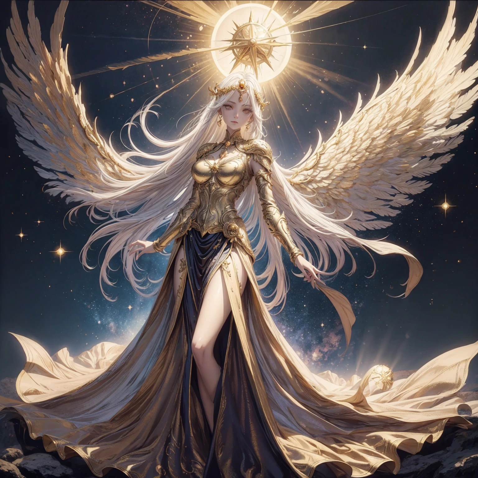 Art of Woman Wearing Sun Crown, Wearing a gorgeous golden metal bra and breastplate that reveals a little skin above the chest, Wearing a gorgeous golden dress with nebula inside, A pair of giant angel wings taller than the body spread out behind the woman., ancient goddess art, Sacredness. Very detailed, Mysterious inspiration, Inspiration from the Sun God, Religious inspiration, A divine background, Cold and snobbish face, Dangerous expressions, White hair, Floating sideways in the void like a goddess, One hand reaches out to the sky while the other hand holds a brilliant orb as bright as the sun., Full body portrait, Gothic art style, Weird art style, Occult art, Halo of angels, contempt eyes, Divine light, Wide-angle lens, Upward Shot