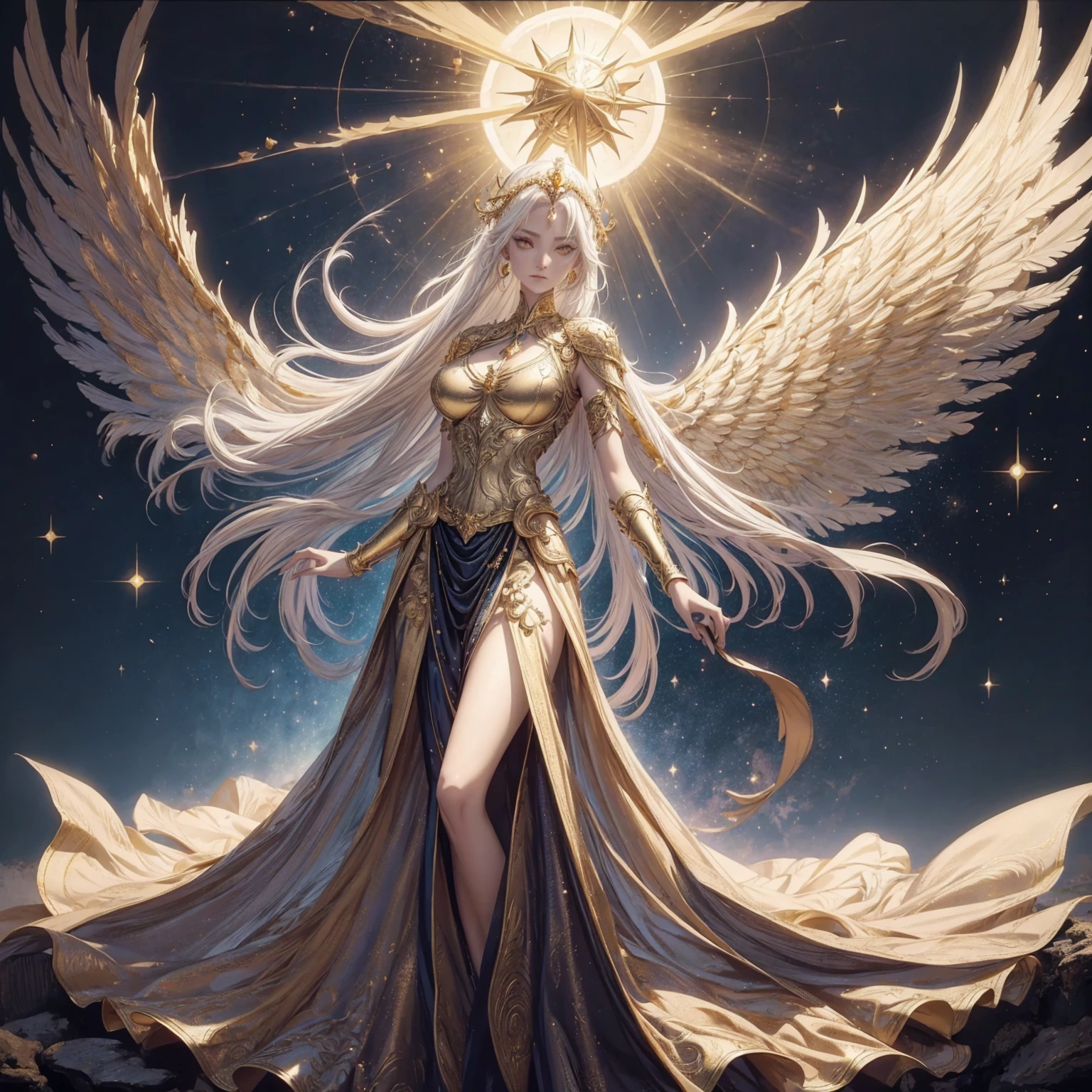 Art of Woman Wearing Sun Crown, Wearing a gorgeous golden metal bra and breastplate that reveals a little skin above the chest, Wearing a gorgeous golden dress with nebula inside, A pair of giant angel wings taller than the body spread out behind the woman., ancient goddess art, Sacredness. Very detailed, Mysterious inspiration, Inspiration from the Sun God, Religious inspiration, A divine background, Cold and snobbish face, Dangerous expressions, White hair, Floating sideways in the void like a goddess, One hand reaches out to the sky while the other hand holds a brilliant orb as bright as the sun., Full body portrait, Gothic art style, Weird art style, Occult art, Halo of angels, contempt eyes, Divine light, Wide-angle lens, Upward Shot