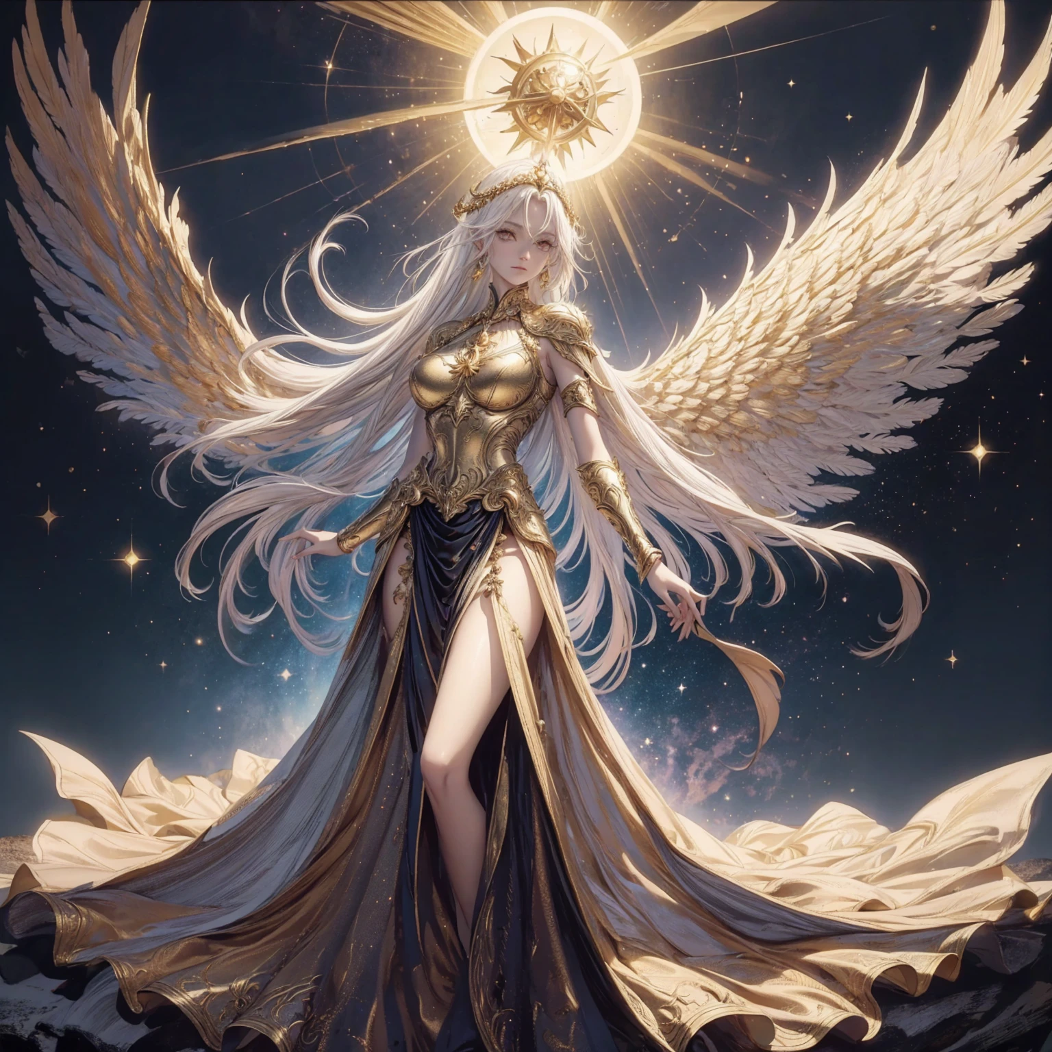 Art of Woman Wearing Sun Crown, Wearing a gorgeous golden metal bra and breastplate that reveals a little skin above the chest, Wearing a gorgeous golden dress with nebula inside, A pair of giant angel wings taller than the body spread out behind the woman., ancient goddess art, Sacredness. Very detailed, Mysterious inspiration, Inspiration from the Sun God, Religious inspiration, A divine background, Cold and snobbish face, Dangerous expressions, White hair, Floating sideways in the void like a goddess, One hand reaches out to the sky while the other hand holds a brilliant orb as bright as the sun., Full body portrait, Gothic art style, Weird art style, Occult art, Halo of angels, contempt eyes, Divine light, Wide-angle lens, Upward Shot
