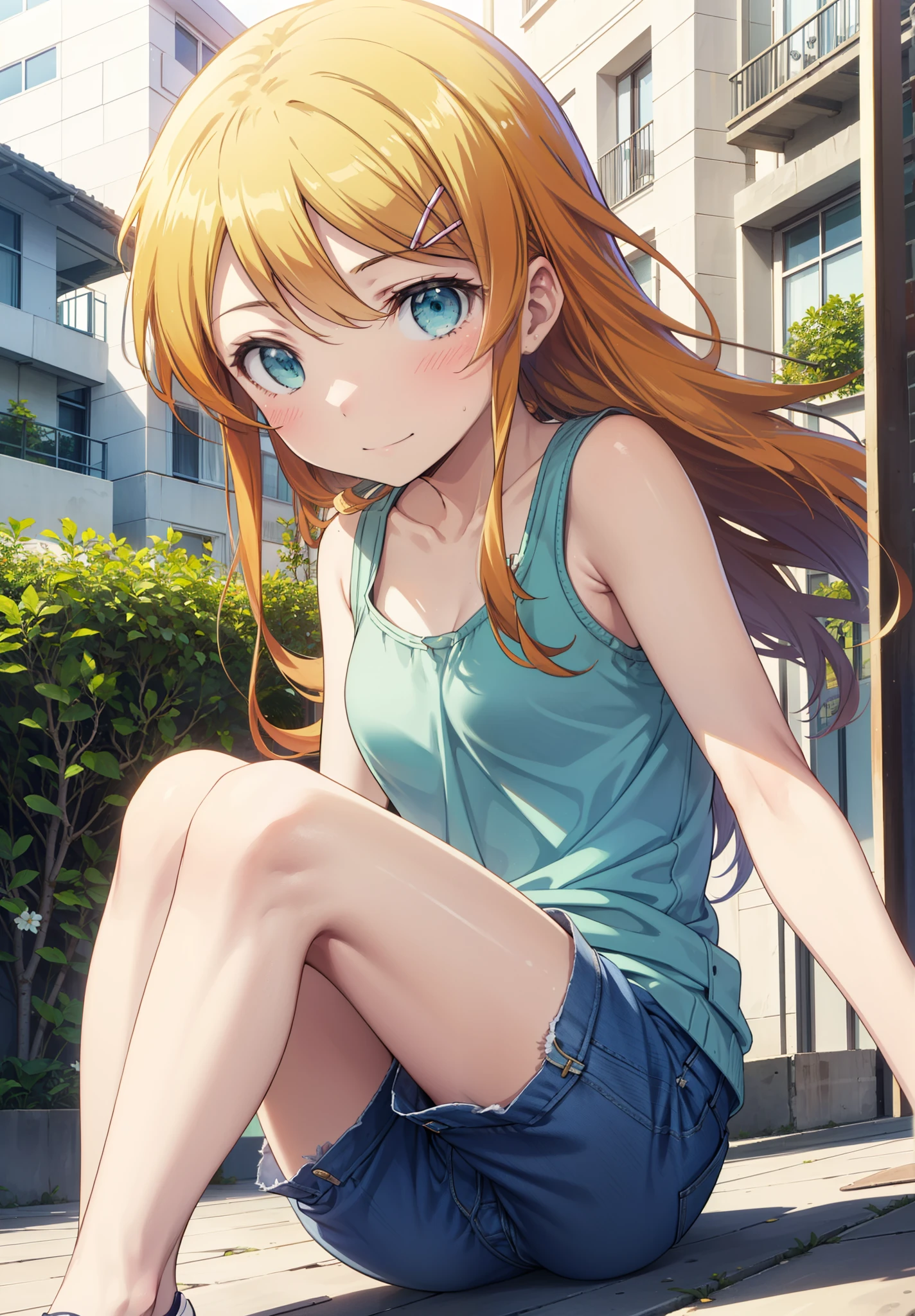 kirinokousaka, kirino kousaka, Long Hair, blue eyes, hair ornaments, Hair Clip, Orange Hair, Aqua Eye,Baseball hats,Tank top,Short denim,barefoot,sneakers,True Summer,Clear skies,Daytime,Walking,smile,blush,Palm tree,whole bodyがイラストに入るように,
break indoors, tropical,Building district,
break looking at viewer, whole body,
break (masterpiece:1.2), Highest quality, High resolution, unity 8k wallpaper, (figure:0.8), (Beautiful attention to detail:1.6), Highly detailed face, Perfect lighting, Highly detailed CG, (Perfect hands, Perfect Anatomy),